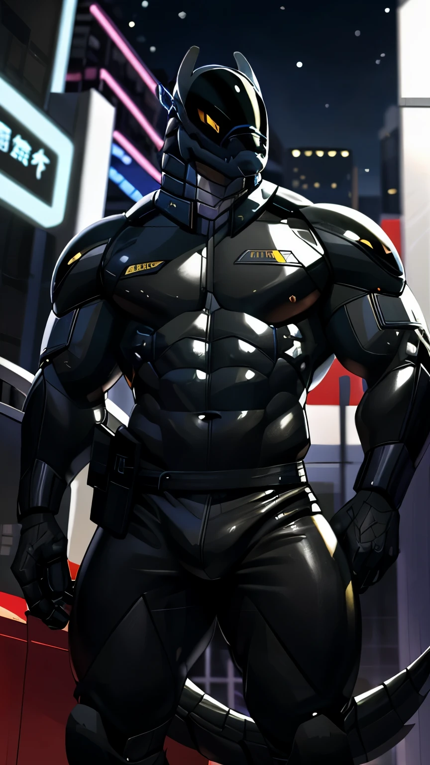 e621에 업로드됨, best quality, masterpiece work, high quality, sexy male, synth (vader-san), lizard, security robot, guards, bodyguard, bodyguard, very muscular, male muscular, sexy muscular, thick thighs, Long tail, guards 의상, Pick up a gun, strike a pose, future city background, 밝은 화면