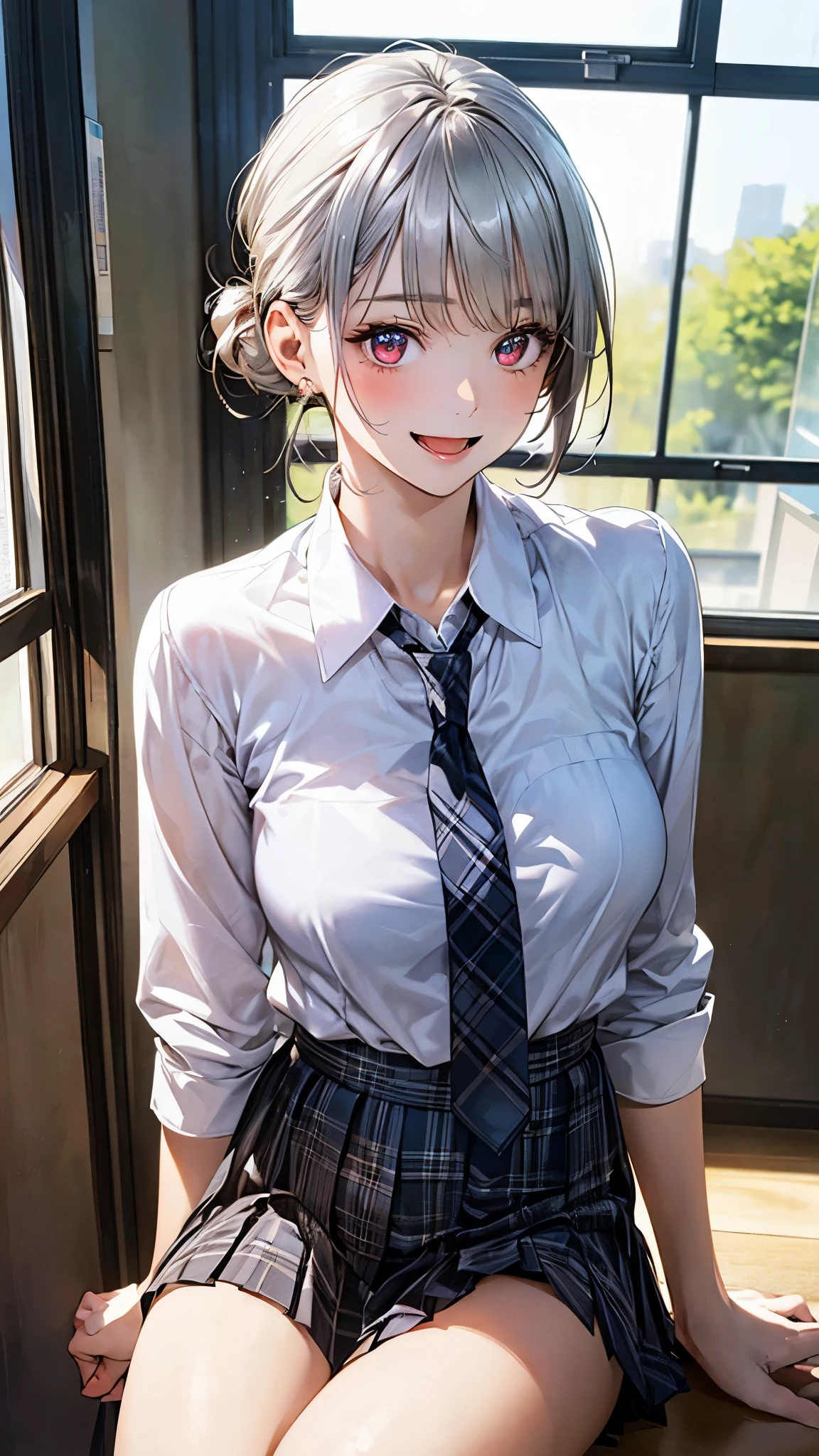 (masterpiece:1.2, top-quality), (realistic, photorealistic:1.4), beautiful illustration, (natural side lighting, movie lighting),
looking at viewer, front view, 1 girl, japanese, high school girl, perfect face, cute and symmetrical face, shiny skin,
(short hair:1.2, bob cut:1.2, silver hair, hair tied in a bun with a hair clip), pink eyes, (large breasts:0.6, seductive thighs),
beautiful hair, beautiful face, beautiful detailed eyes, beautiful clavicle, beautiful body, beautiful chest, beautiful thigh, beautiful legs, beautiful fingers,
((white blouse shirt, tartan checked pleated skirt, ribbon tie)),
(beautiful scenery), evening, after-school classroom, sitting, (smile:1.5, open mouth),