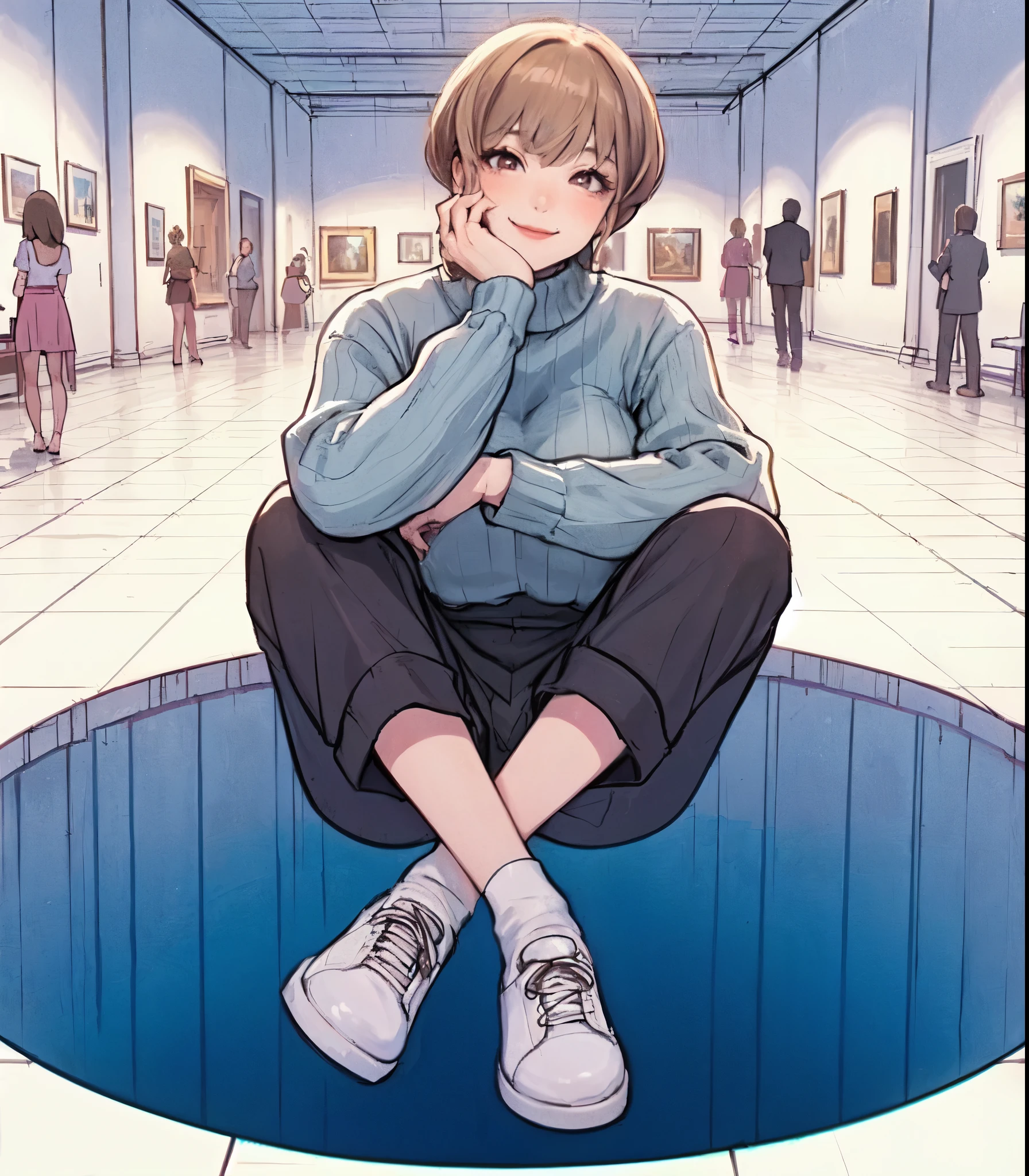 1lady solo (from above), (squatting over hole in the floor), (making peace sign), (stylish outfit), mature female, /(light brown short hair/) bangs, light smile, (masterpiece best quality:1.2) delicate illustration ultra-detailed, large breasts BREAK (optical illusion:1.2), (floor that appears to have a large hole:1.2), deep hole BREAK (trick art museum) indoors, crowded, detailed background