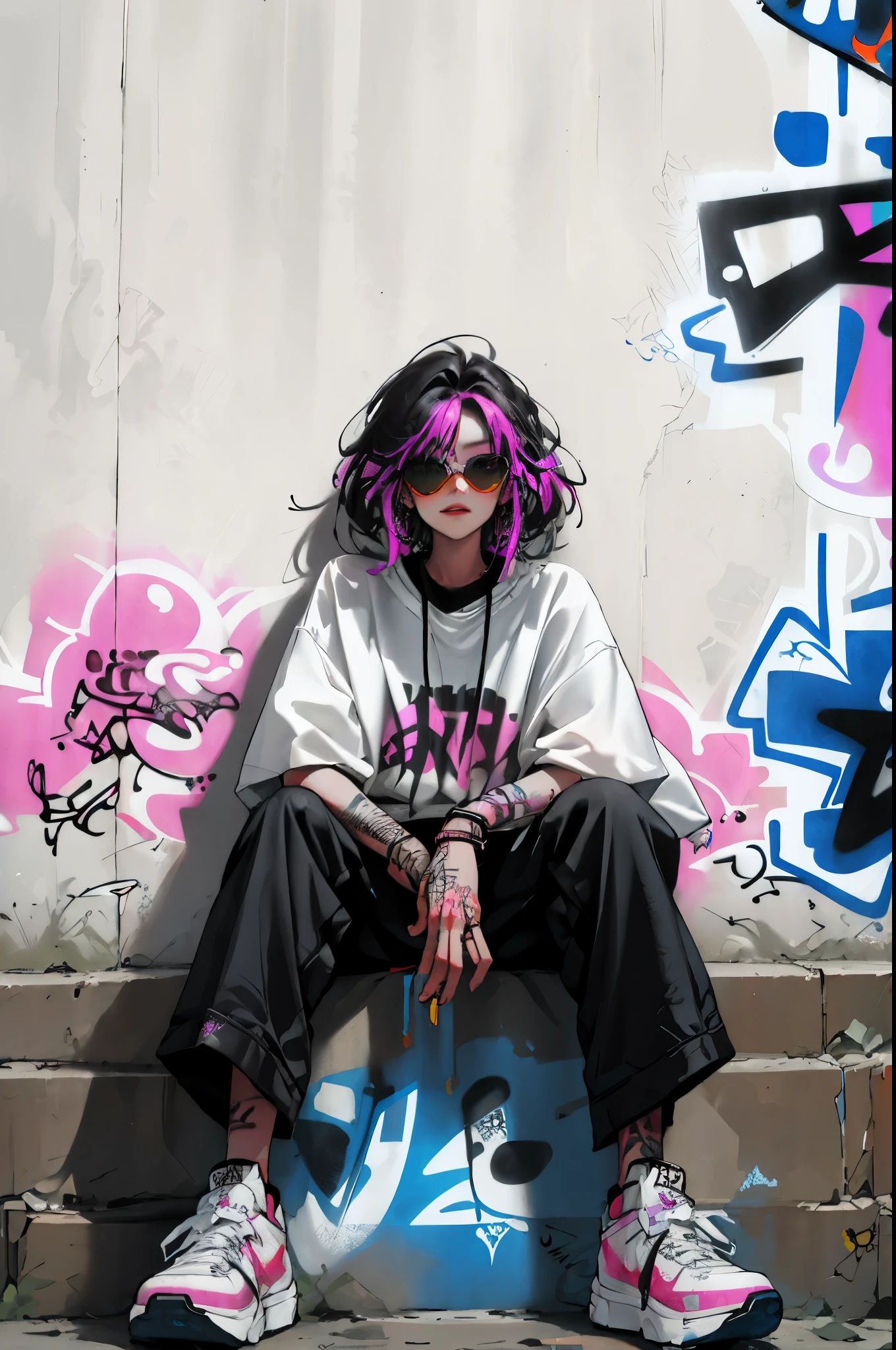 HD, (Best Detail) (Best Quality), Aalfi woman in sunglasses sitting in chair on sofa, (((Graffiti art))), (((Trigger studio style, graffiti art, rock punk, neon colors))), Carne Griffiths, smooth