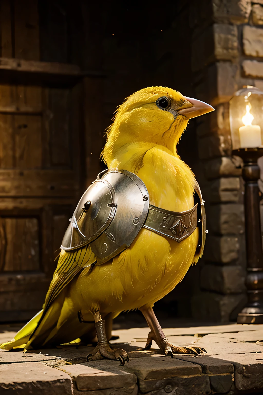 Make an image of a yellow canary with medieval armor in png