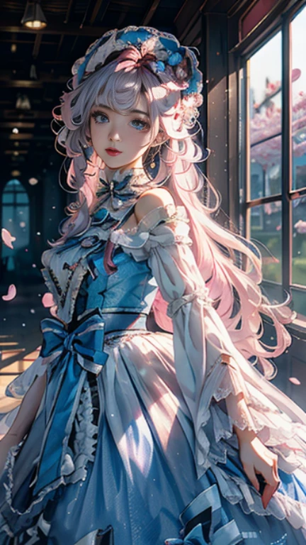 ((best quality)), ((master piece)), (detailed:1.4), beautiful cyberpunk woman image,HDR(high dynamic range),ray tracing,NVIDIA RTX,super resolution,fantasy 5,Scattered beneath the surface,PBR texture,Post-processing,anisotropic filtering,Depth of bounds written,Maximum clarity and sharpness,multilayer texture,Albedo and specular maps,surface coloring,Accurate simulation of honey-material interactions,perfectly proportioned,Rendering with Octane,two color light,Large Diameter,Low ISO,White balance,rule 3 points、8K raw data、Beautiful bright blue pupils,off shoulder clothes,fine student,delicate face and eyes,long eyelashes,blush,delicate and fluffy hair,pink lip,Pure,cute face,sweet girl,artistic sense,casual wear,Advanced Sense,butterfly,cherry blossom petals,beautiful hair accessories,long hair and waist,hair blowing in the wind,curly,positive light,The light from the rear window is backlit.,In the majestic throne room