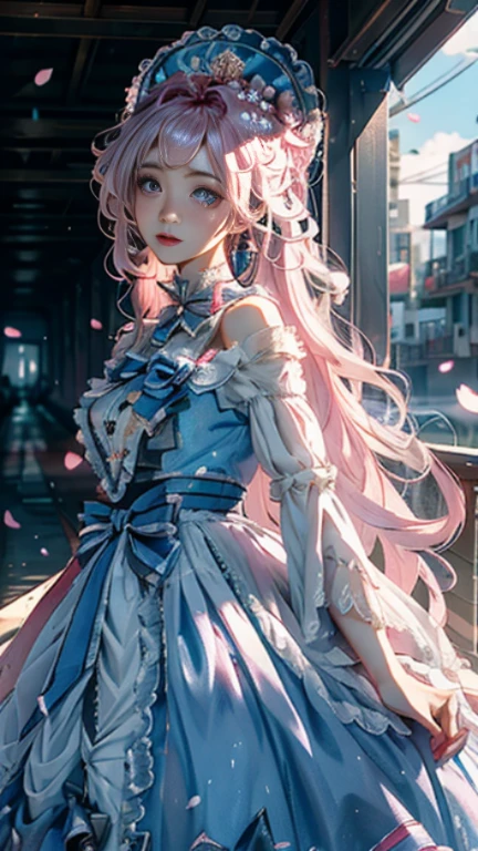 （（best quality））， （（master piece））， （detailed：1.4）， beautiful cyberpunk woman image，HDR（high dynamic range），ray tracing，NVIDIA RTX，super resolution，fantasy 5，Scattered beneath the surface，PBR texture，Post-processing，anisotropic filtering，Depth of bounds written，Maximum clarity and sharpness，multilayer texture，Albedo and specular maps，surface coloring，Accurate simulation of honey-material interactions，perfectly proportioned，Rendering with Octane，two color light，Large Diameter，Low ISO，White balance，rule 3 points、8K raw data、Beautiful bright blue pupils，off shoulder clothes，fine student，delicate face and eyes，long eyelashes，blush，delicate and fluffy hair，pink lip，Pure，cute face，sweet girl，artistic sense，casual wear，Advanced Sense，butterfly，cherry blossom petals，beautiful hair accessories，long hair and waist，hair blowing in the wind，curly，positive light，The light from the rear window is backlit.,In the majestic throne room