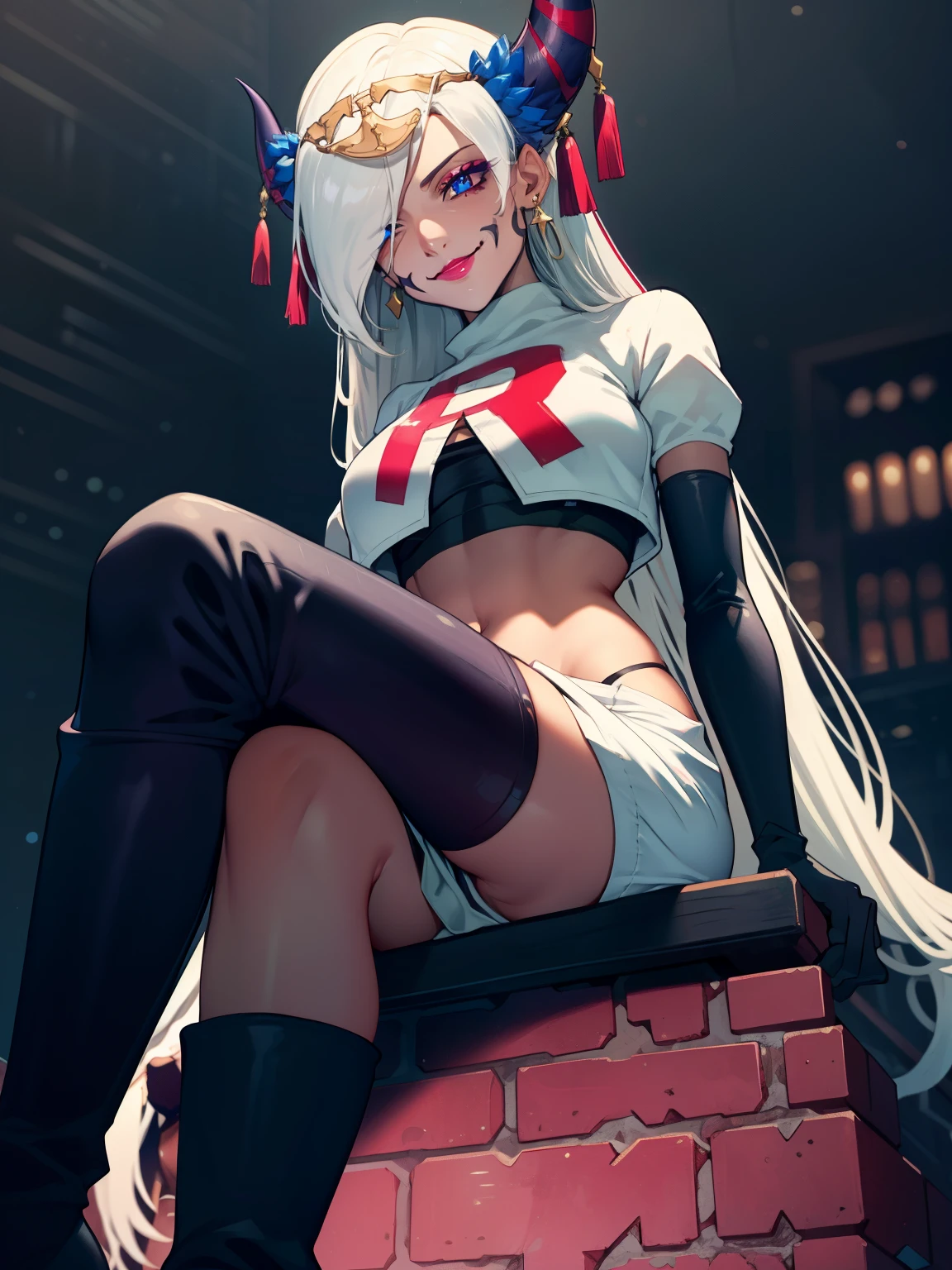 zephiahorns, tiara ,earrings ,red lipstick, blue eye shadow, heavy makeup ,team rocket uniform, red letter R, white skirt,white crop top,black thigh-high boots, black elbow gloves, evil smile, looking down on viewer, sitting down ,legs crossed, night sky background