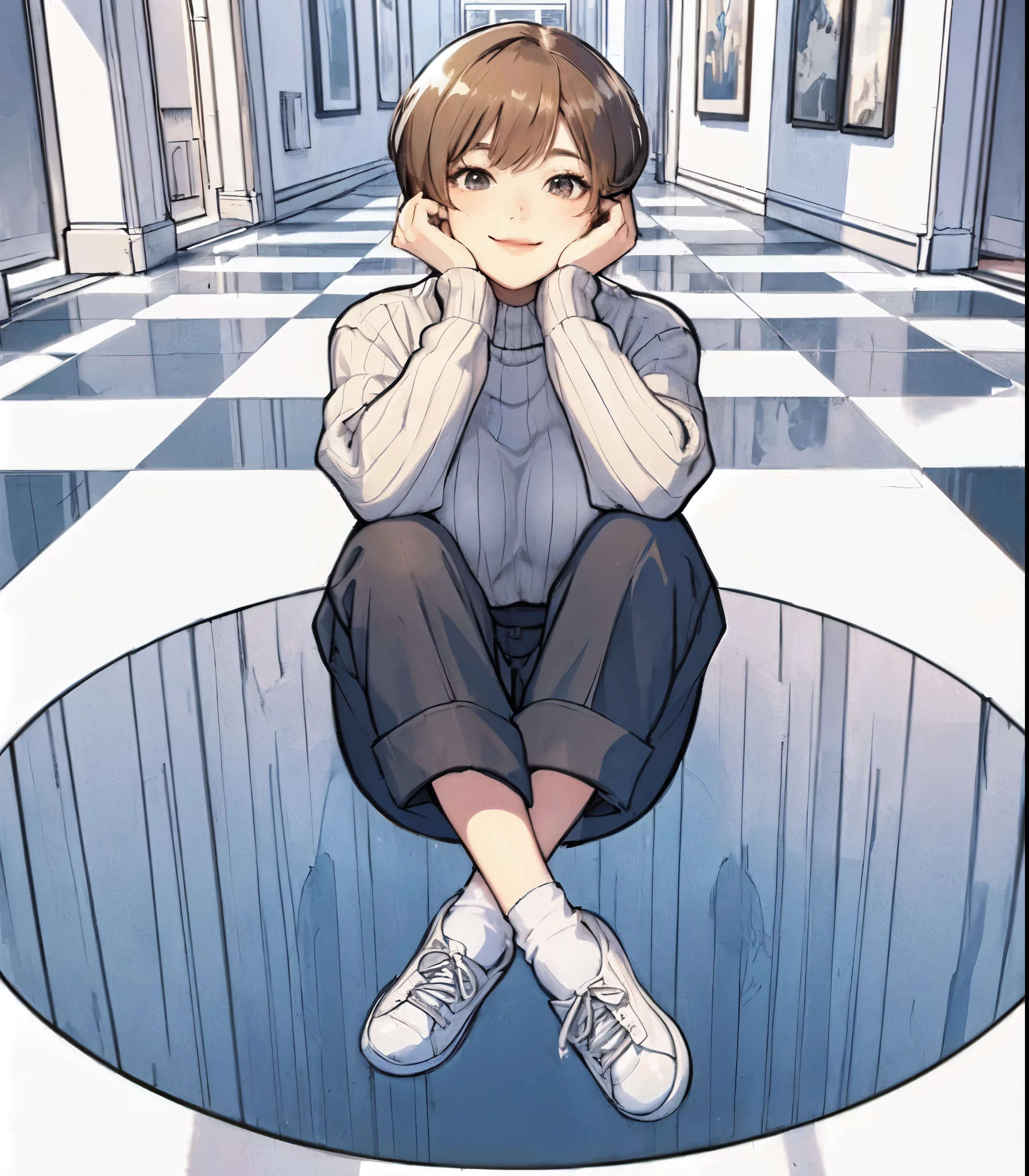 1lady solo (from above), (sitting over hole in the floor), (hugging knees), (stylish outfit), mature female, /(light brown short hair/) bangs, blush light smile, (masterpiece best quality:1.2) delicate illustration ultra-detailed, large breasts BREAK (optical illusion:1.2), (floor that appears to have a large hole:1.2), deep hole BREAK (trick art museum) indoors, crowded, detailed background