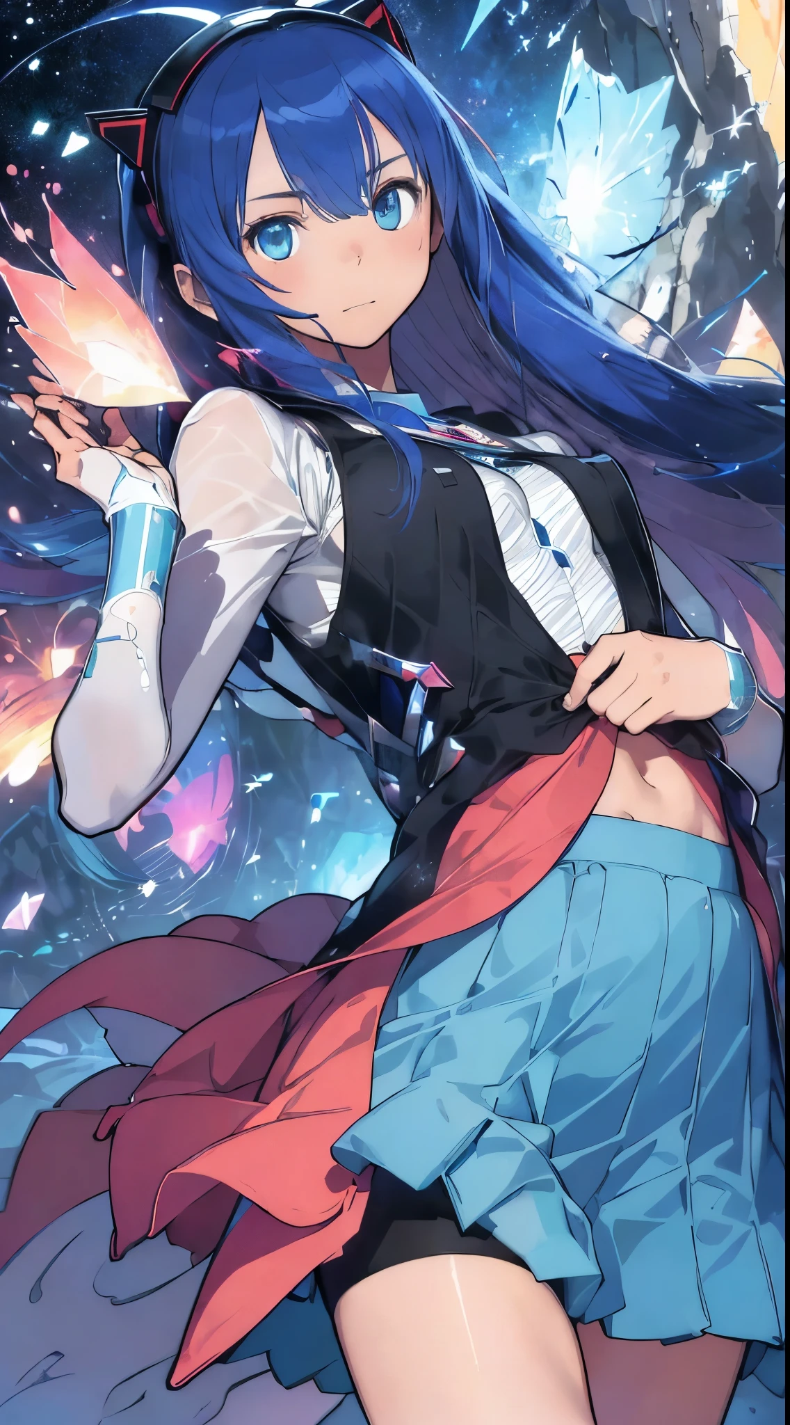 最high quality、best image quality、masterpiece、Android Girl((, Cybersuit glowing black, red and white、Blue energy source for the chest,vest bust、bust 90、Light blue shiny hair、long hair,Cyber Skirt、bluish green eyes、open your chest wide、valley、happiness、Slender、mysterious face、Drifting in the air,particles of light、Sharp claw arm,battered body、middle、shining eyes、Hold out your hands、Blue visor))high quality、beautiful art、With background((Fantastic Universe、beautiful universe、Cosmix Pace、Scattered glass fragments))、table top、elaborate design、visual art、Theatrical films