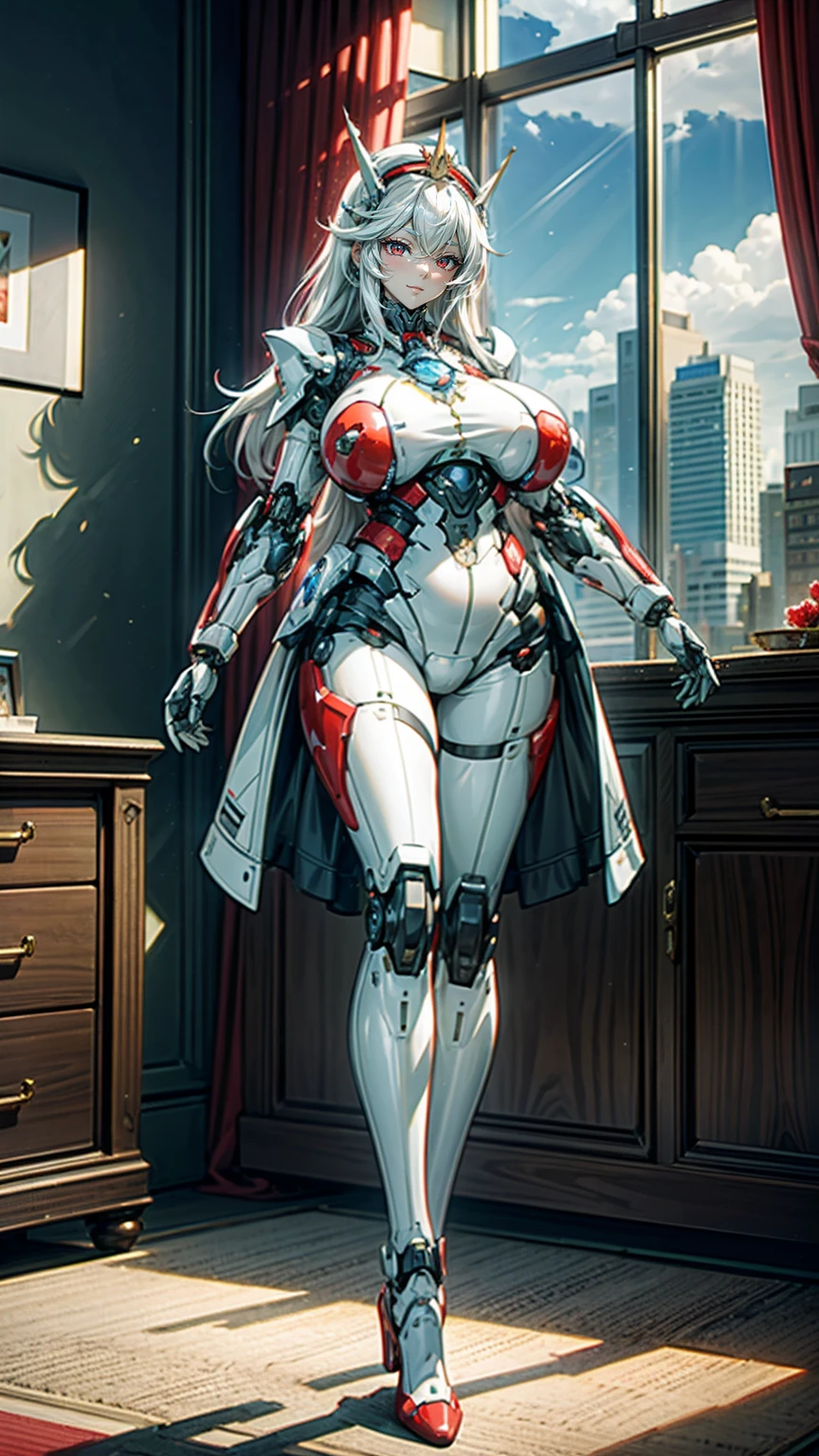 18-year-old girl,Baby Face,Crimson short-haired,ponytail hairstyle,Smile,Huge breasts,cleavage,Sheer red sleeveless top,Leave space in the middle to reveal cleavage,Soaked all over,Blushing,green eyes,Female spy,Red miniskirt,White gloves,White hand sleeves,White boots,Science fiction,Future,Inside the mecha combat robot warehouse,robot driver,Pistol hanging on waist,No bangs,Wearing earrings only on one side,Lipstick