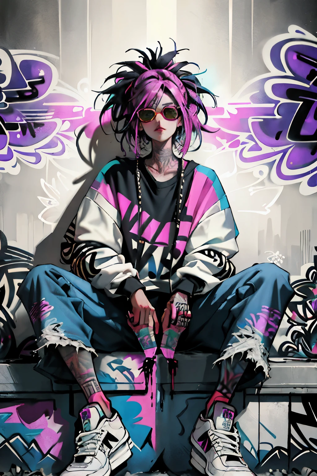 HD, (Best Detail) (Best Quality), Aalfi woman in sunglasses sitting in chair on sofa, (((Graffiti art))), (((Trigger studio style, graffiti art, rock punk, neon colors))), Carne Griffiths
