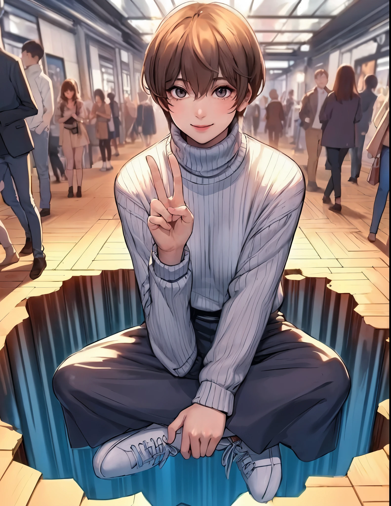 1lady solo (from above), (sitting over hole in the floor), (making peace sign), (stylish outfit), mature female, /(brown short hair/) bangs, light smile, (masterpiece best quality:1.2) delicate illustration ultra-detailed, large breasts BREAK (optical illusion:1.2), (floor that appears to have a large hole:1.2), deep hole BREAK (trick art museum) indoors, crowded, detailed background