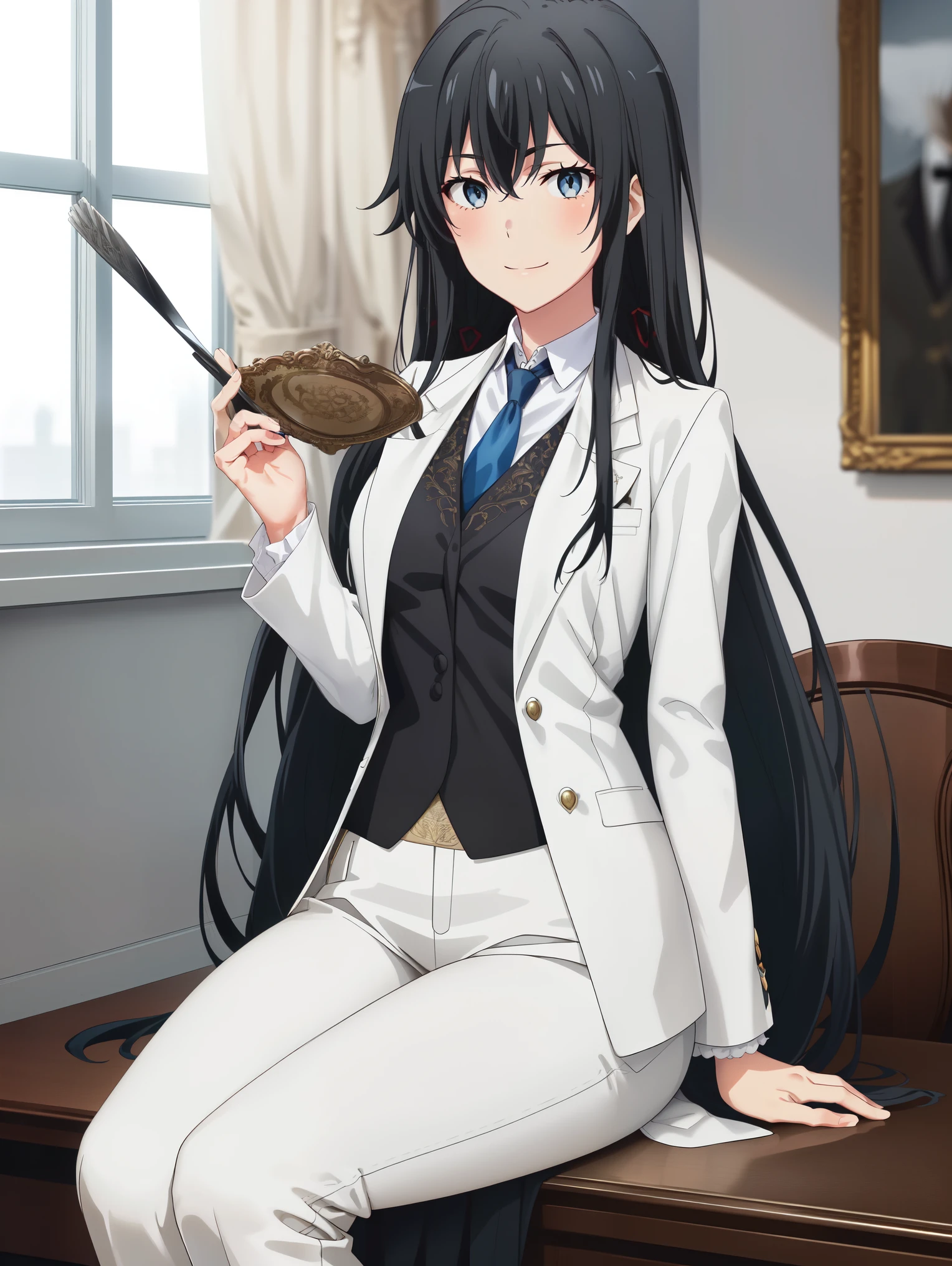 ((best quality)), ((masterpiece)), (detailed) 1girl, blurry, blurry_background, breasts, , hair_long looking_at_viewer, ok_sign, open_hand, Yukinoshita Yukino ,Woman wearing formal clothes, An attractive coat sitting on chair in the room , 1girl, 独奏, blue necktie, Black hair, eyes blue, long hair, smile , collared shirt, white pants, white shirt , Elegantly designed coat , Stand in front of a window ,Perfectly tailored tailcoat. It has a stunning Victorian design and is made of lustrous fabric , full body ,tailcoat butler suit, elegant pose, serene expression, flowing long hair, soft lighting, pastel color palette, detailed lace and embroidery, realistic portrait, fine brushwork, delicate facial features, captivating eyes, graceful gestures, refined atmosphere, vintage decor, polished silverware, elaborate floral arrangement, polished marble floors