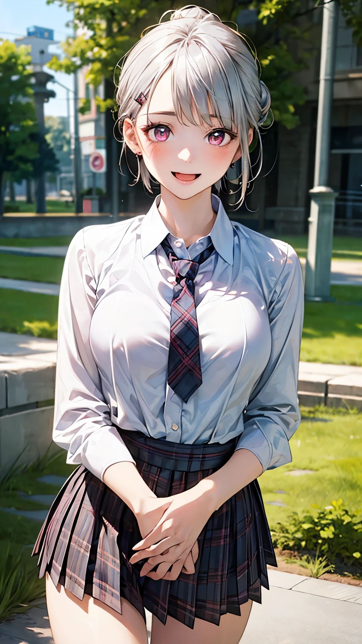 (masterpiece:1.2, top-quality), (realistic, photorealistic:1.4), beautiful illustration, (natural side lighting, movie lighting),
looking at viewer, front view, 1 girl, japanese, high school girl, perfect face, cute and symmetrical face, shiny skin,
(short hair:1.2, bob cut:1.2, silver hair, hair tied in a bun with a hair clip), pink eyes, (large breasts:0.6, seductive thighs),
beautiful hair, beautiful face, beautiful detailed eyes, beautiful clavicle, beautiful body, beautiful chest, beautiful thigh, beautiful legs, beautiful fingers,
((white blouse shirt, tartan checked pleated skirt, ribbon tie)),
(beautiful scenery), evening, after-school classroom, sitting, (smile:1.5, open mouth),