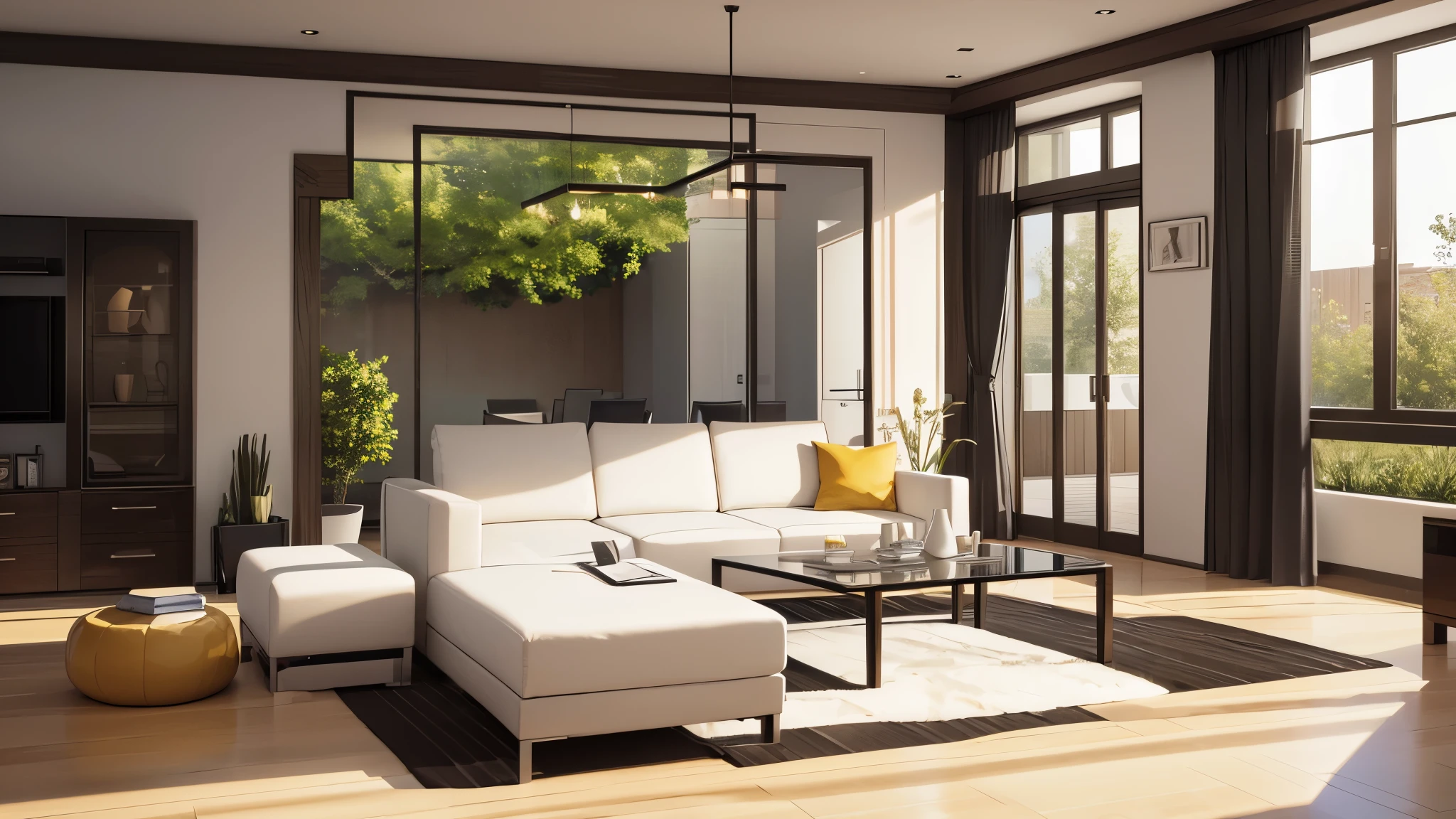You are a famous interior designer、You have been asked to create a 3D image of a modern large room. Create a harmonious environment with modern and minimalist furniture. Including garden interior.