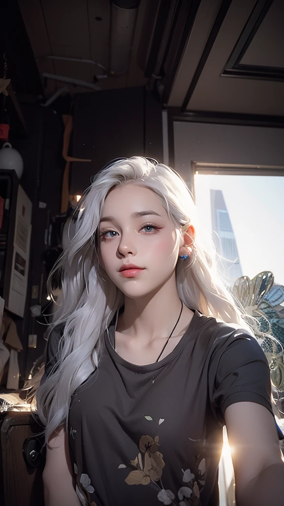 cute young girl, in the metro, white hair, cyan eyes, cat ears, ultra detailed, masterpiece, soft lighting, gazing out the window, holding her chin