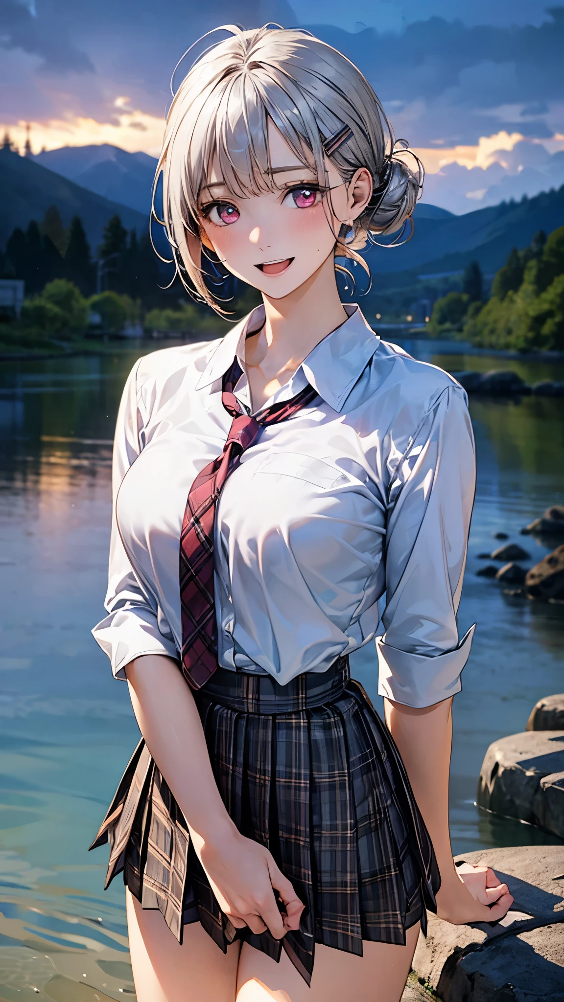 (masterpiece:1.2, top-quality), (realistic, photorealistic:1.4), beautiful illustration, (natural side lighting, movie lighting),
looking at viewer, cowboy shot, front view, 1 girl, japanese, high school girl, perfect face, cute and symmetrical face, shiny skin,
(short hair:1.2, bob cut:1.2, silver hair, hair tied in a bun with a hair clip), pink eyes, (large breasts:0.6, seductive thighs),
beautiful hair, beautiful face, beautiful detailed eyes, beautiful clavicle, beautiful body, beautiful chest, beautiful thigh, beautiful legs, beautiful fingers,
((white blouse shirt, tartan checked pleated skirt, ribbon tie)),
(beautiful scenery), evening, riverside, (smile:1.5, open mouth),