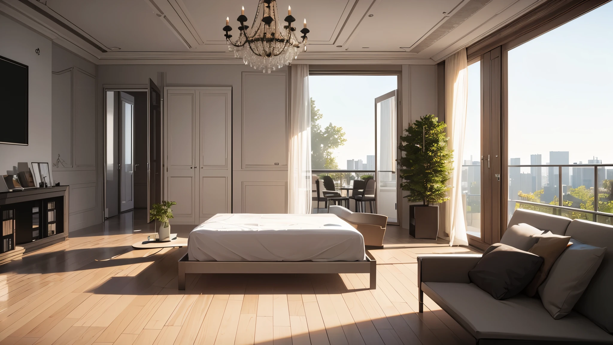 You are a famous interior designer、You have been asked to create a 3D image of a modern large room. Create a harmonious environment with modern and minimalist furniture. Including garden interior.