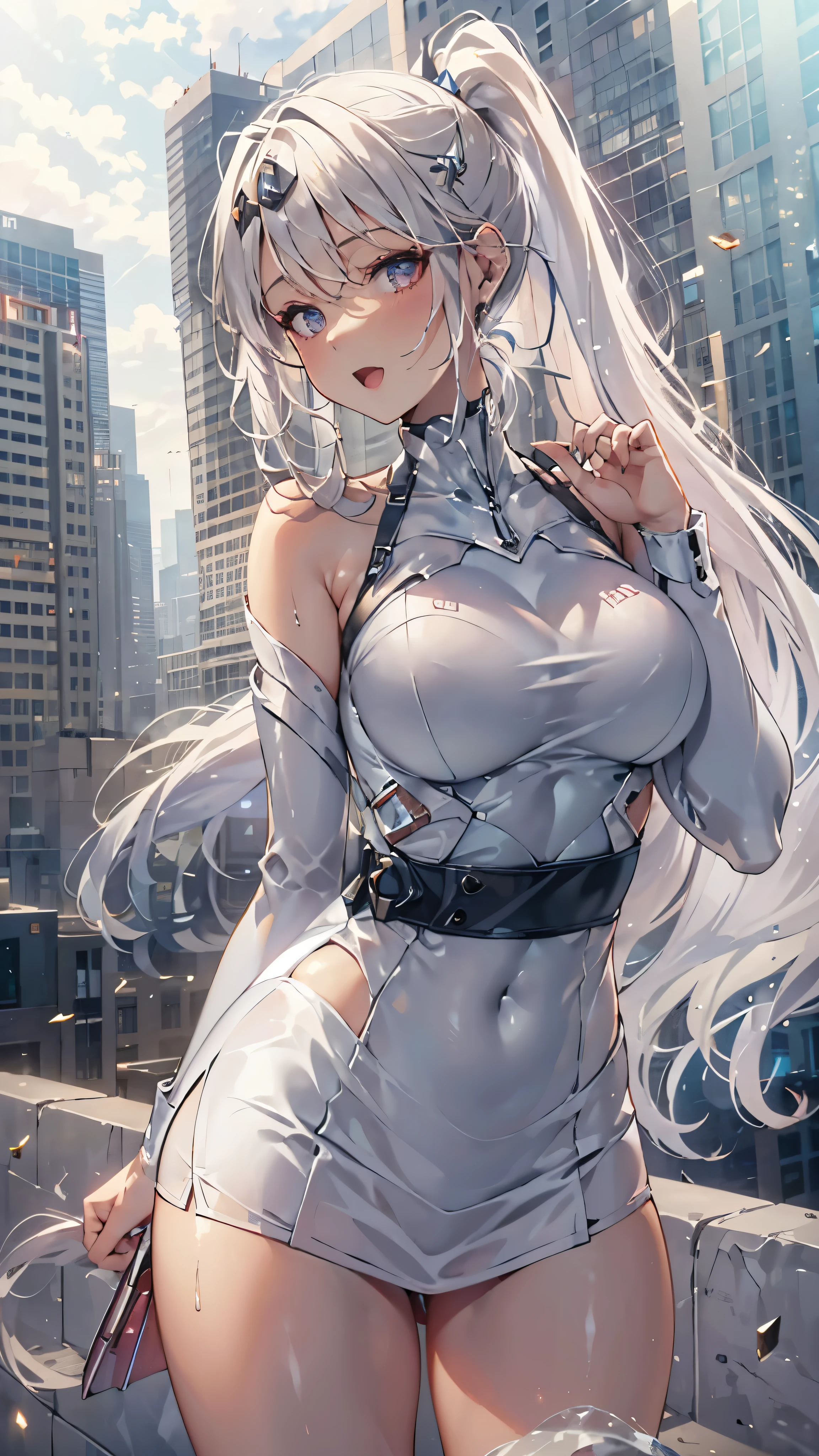 woman,,,city,night,(((white tight miniskirt bodysuit))),,open mouth smile((See-through))Glasses,((Beautiful long ponytail)),((baby girl bohape))