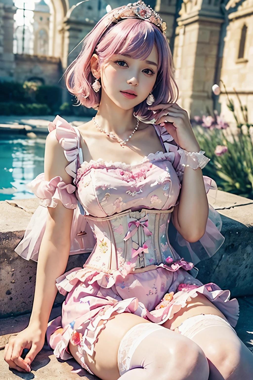 (8K, top-quality, masterpiece:1,2), (reallistic, Photorealsitic:1.37), Super Detail, One girl,), (Highly detailed), (beautifully detailed eyes), (of the highest quality), (super detailed ), (masterpiece), (Detailed face),20yr old, ,1 girl, ((pink hair,Very short hair)), medium breasts, clothed, Perfect Lighting, BREAK (pink frilly bolero jacket:1.3), (white lace blouse:1.2), (pastel floral corset:1.4), (lavender fluffy skirt:1.5), A-line silhouette, ribbons and pearls, (white lace knee socks:1.2), (pink ribbon ballet shoes:1.3), (pearl necklace and earrings:1.2), (princess tiara:1.5), BREAK (side bangs on left:1.3), (ear exposed on right:1.3), smiling, sparkling eyes, (holding up skirt hem with right hand:1.5), (holding tiara with left hand:1.5), (tiptoeing:1.4), castle courtyard, flower bed, fountain, (warm light from left:1.4), (shadow on right:1.4), (tiara and pearl accessories glittering:1.5)
