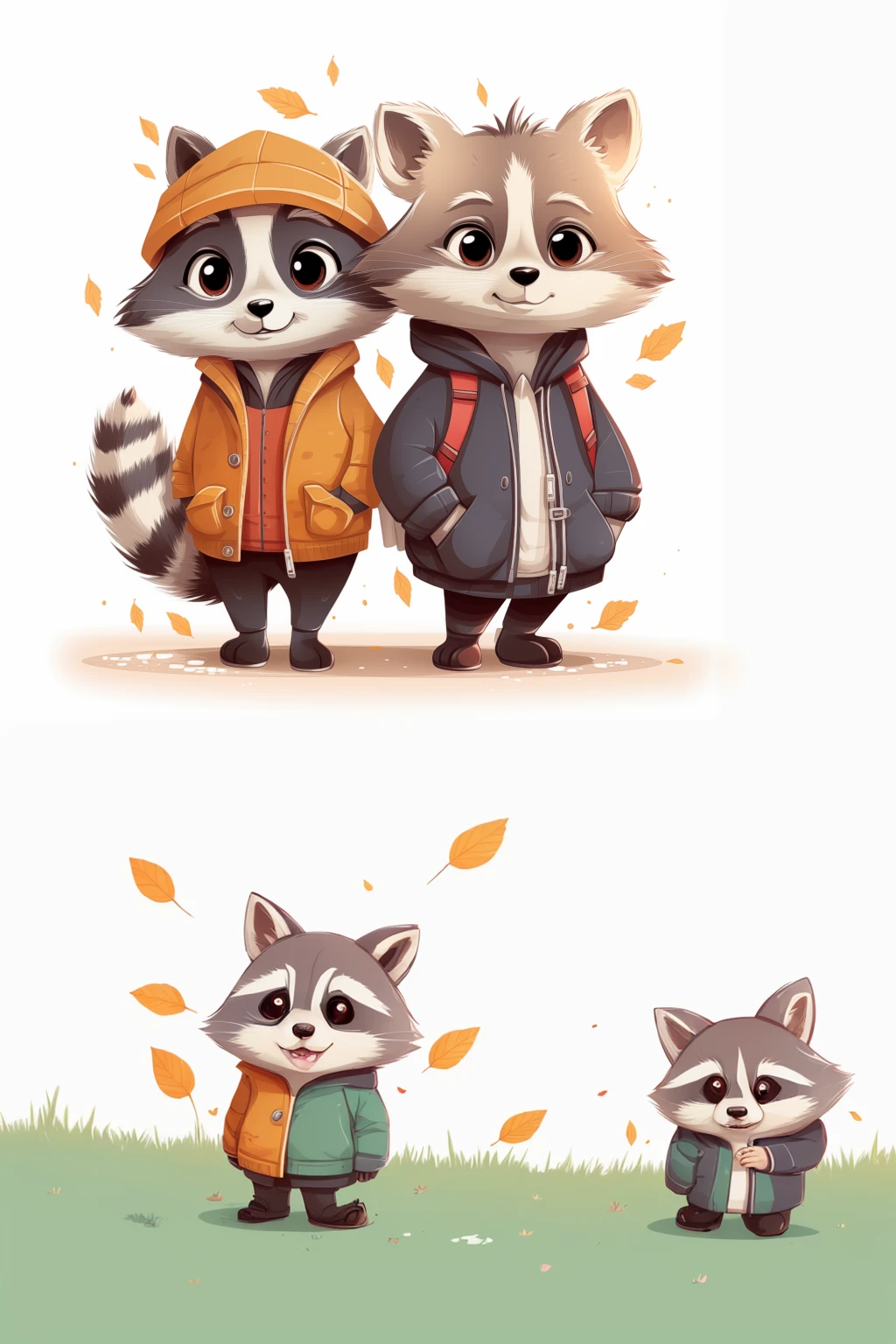 there are two raccoons dressed in jackets and hats standing in front of each other in a spring scenery that is very colorful by Ryan Yee, cute illustration, cartoon style illustration, 🍂 cute, cute artwork, adorable digital painting, cute detailed digital art, cute digital art, by Marten Post, extremely happy raccoons, cute detailed artwork, jazza and rossdraws, by Aya Goda, cute characters