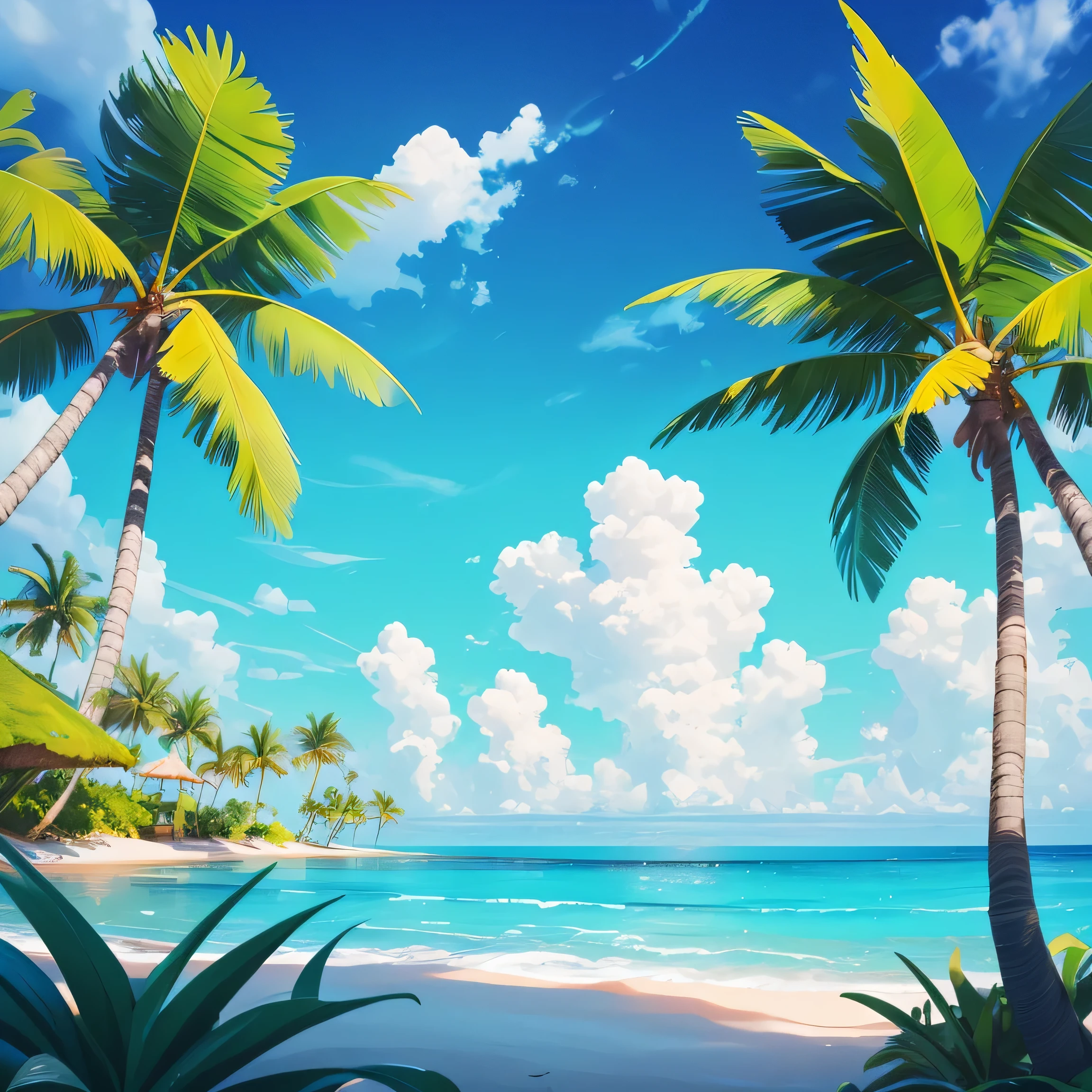 A serene tropical scene in a flat region, where the view of the warm ocean and islands in the horizon. The tropical lights from the atmosphere, contrasting with the warm blue tones of the tropical landscape. The tropical sky and the surrounding environment scene.