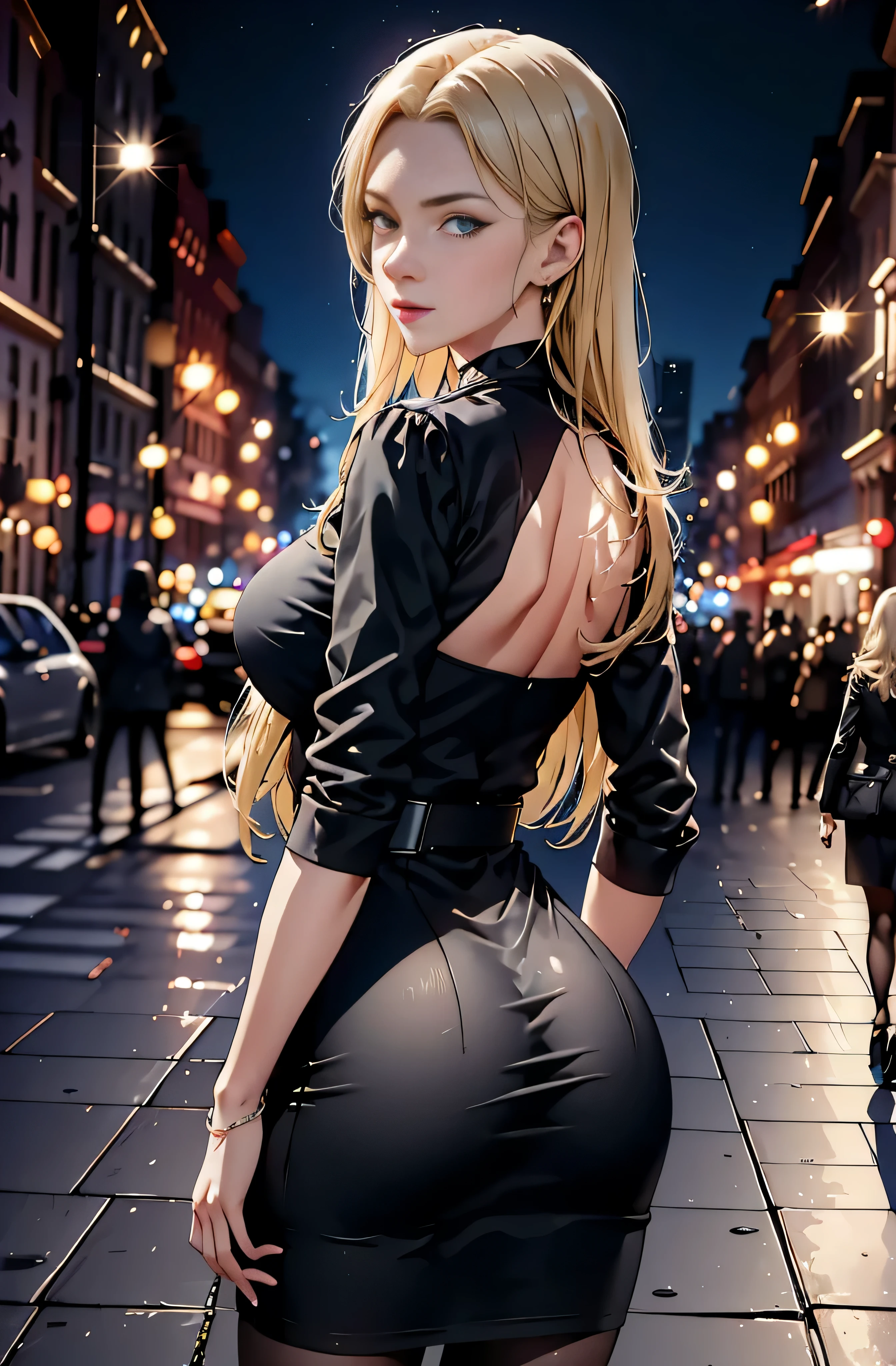 (best quality,4K,8k,high resolution,masterpiece:1.2),super detailed,actual,photoactual:1.37,a woman in white skirt and black top posing for a photo on the street night,Urban street background,blue background,blue foreground,depth of field,from behind,looking at the audience,looking back,skirt,a woman standing at a street corner wearing a black top and white skirt,High collar and black belt,城市的lamp光,lamp,motion blur,night,decorative