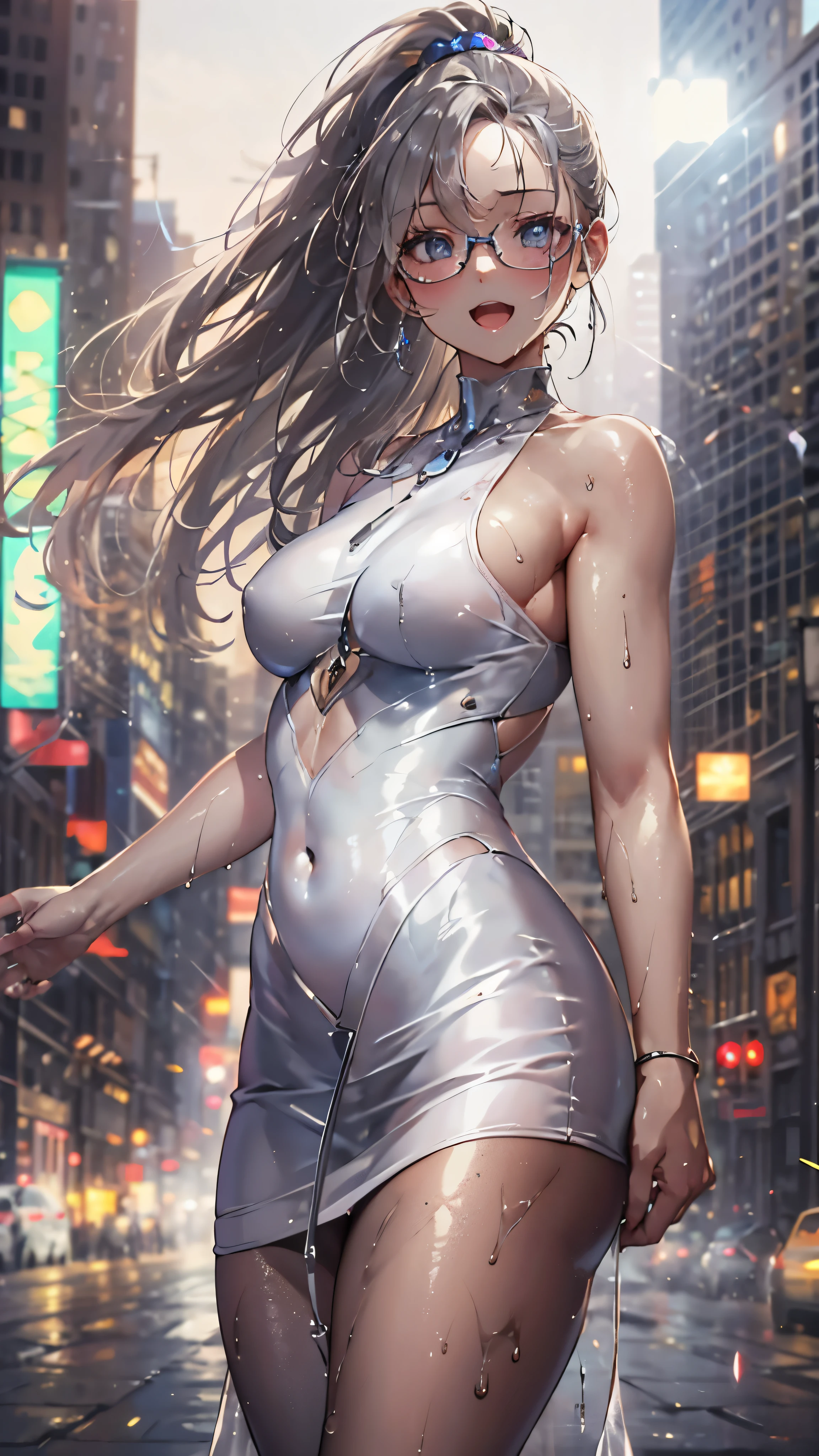 woman,,,city,night,(((white tight miniskirt bodysuit))),(wet with sweat),open mouth smile((See-through))Glasses,((Beautiful long ponytail)),((baby girl bo)