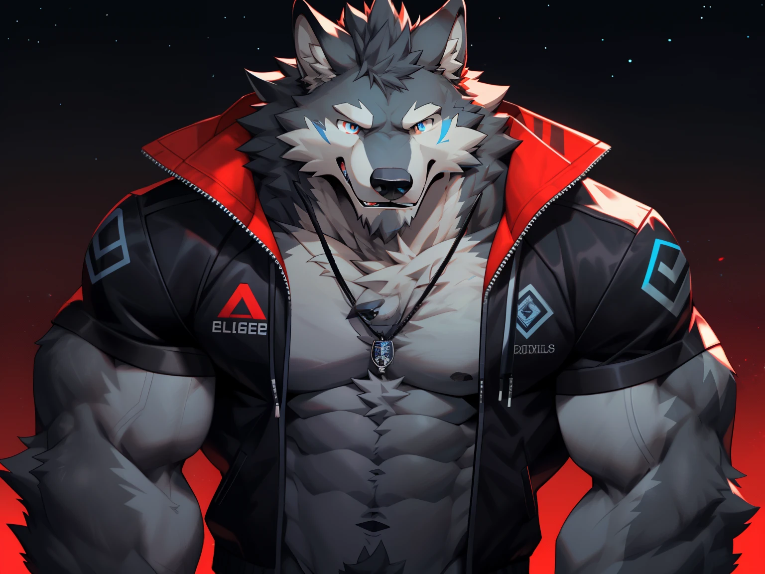 hairy,dark grey wolf,alone,delicate eyes,super detailed,Delicate fur texture,CG,Jacket,blue pupils,fluorescent pupils,in the shadows,Starry eyes,huge pecs,There are red lines on the body,simple background