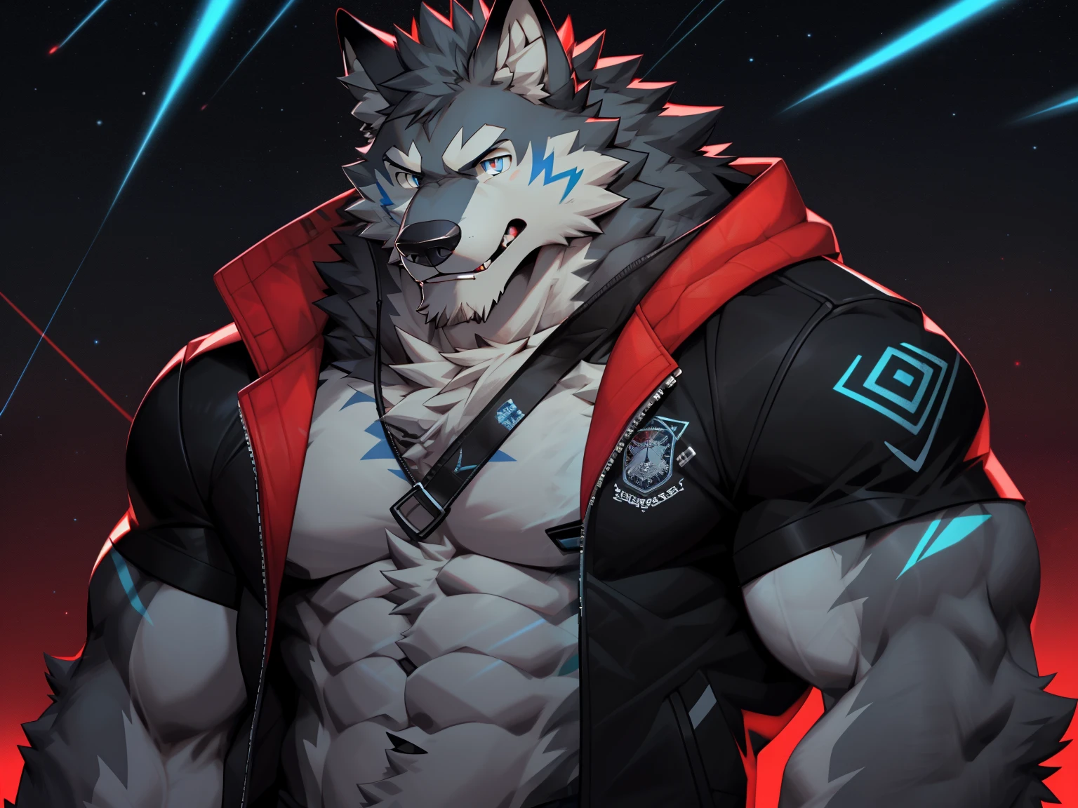 hairy,dark grey wolf,alone,delicate eyes,super detailed,Delicate fur texture,CG,Jacket,blue pupils,fluorescent pupils,in the shadows,Starry eyes,huge pecs,There are red lines on the body,simple background