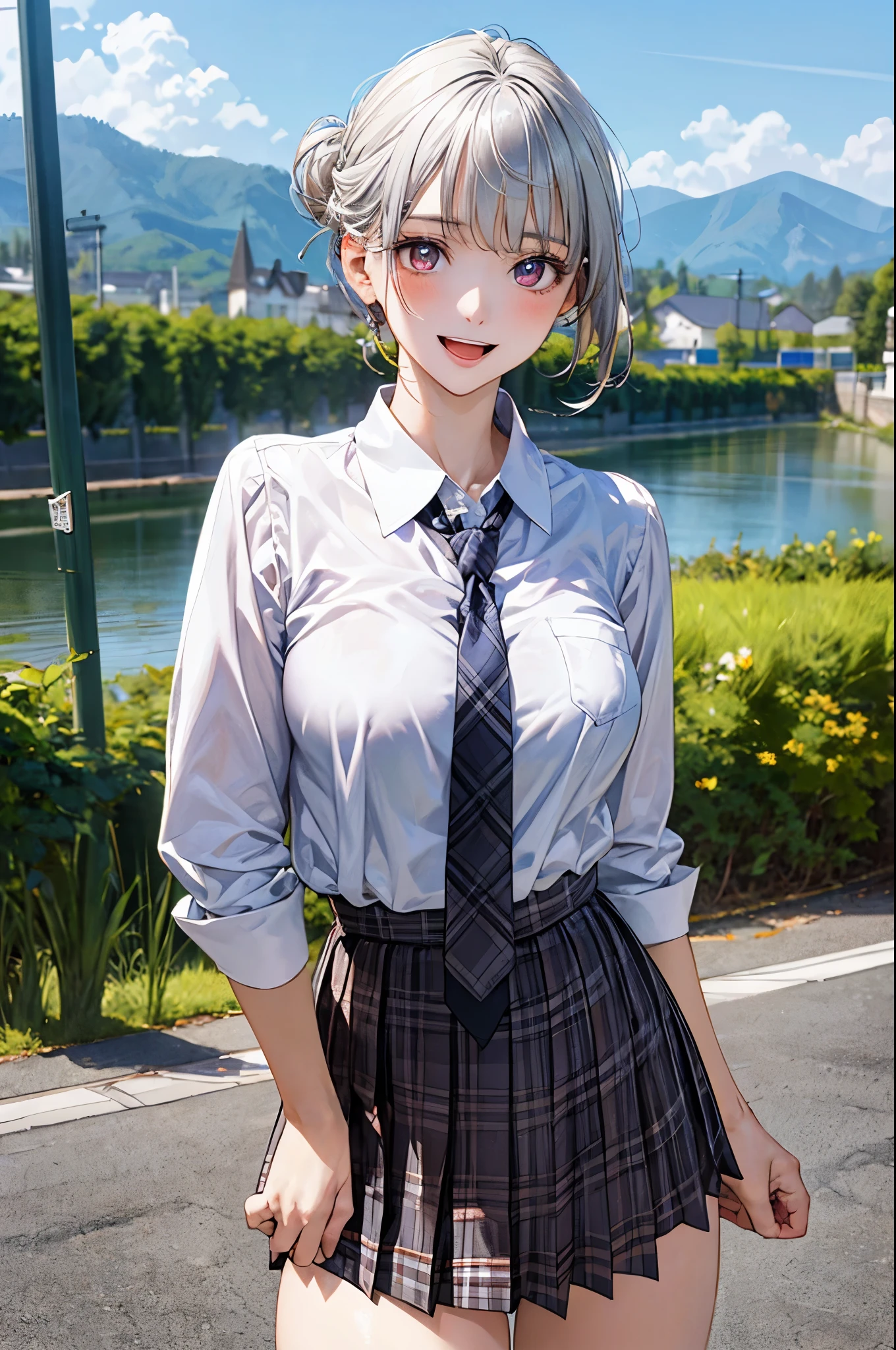 (masterpiece:1.2, top-quality), (realistic, photorealistic:1.4), beautiful illustration, (natural side lighting, movie lighting), 
looking at viewer, cowboy shot, front view, 1 girl, japanese, high school girl, perfect face, cute and symmetrical face, shiny skin, 
(short hair:1.2, bob cut:1.2, silver hair, hair tied in a bun with a hair clip), pink eyes, (?????????????:0.6, seductive thighs), 
beautiful hair, beautiful face, beautiful detailed eyes, beautiful clavicle, beautiful body, beautiful ?????, beautiful thigh, beautiful legs, beautiful fingers, 
((white blouse shirt, tartan checked pleated skirt, ribbon tie)), 
(beautiful scenery), evening, riverside, (smile:1.5, open mouth), 