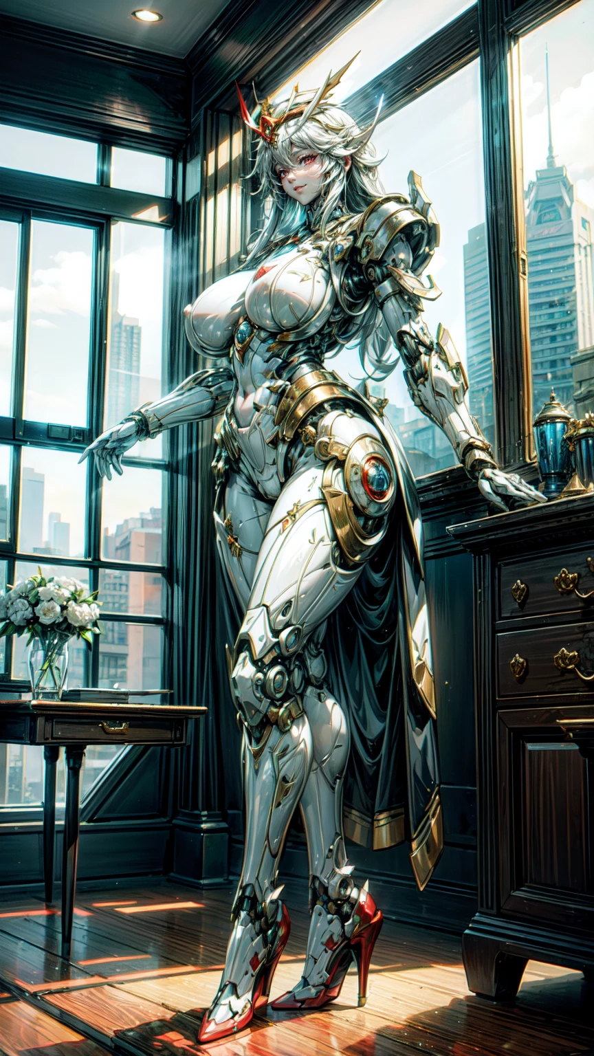 A beautiful mechanical girl,Mei Wang,wearing a crown,tall,Perfect mechanical body,Intricate white mechanical bodysuit,sense of the future,science fiction style,(White mechanical body:1.3),White robotic arm,Red manipulator,Mechanical neck,Mechanical details,Metallic luster,Mechanical chest,Plump breasts,Plump buttocks,High heel,sexy,grace,Temperament,long white hair,red eyes,finely quality eyes,beautiful face,Smile,(full body portrait:1.5),indoor,Modern bedroom,glass window,blue sky,Baiyun,sunny,City,high-rise buildings,perfect details,Ray tracing,8K,highest resolution,work,highest quality,Detailed background portrayal,Exquisite illustrations,exquisite CG,Soft picture
