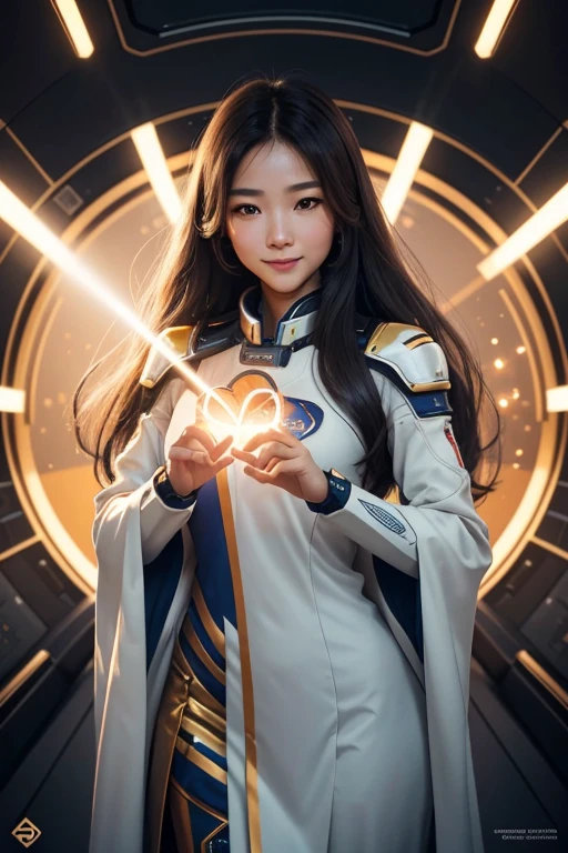 A breathtaking full-body image in top-quality 8k, featuring an AI robot Thai woman with long flowing hair and a beautiful, gentle smile on her human-like face. Her limbs are an intriguing blend of human elegance and advanced robotics, with the upper body showcasing a strip of the Thai national coat of arms logo gracefully attached to the shoulder. Surrounded by the serene atmosphere of the NAZA space station, she releases warm, inviting light all around, her human hand emitting a heart-shaped laser that sparks with energy and warmth. The harmonious blend of human emotion and technological prowess is captured in stunning detail, with meticulously rendered text