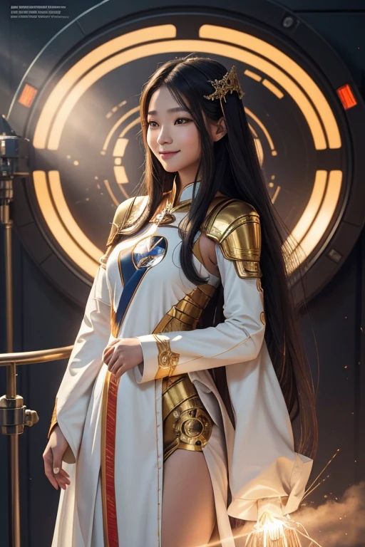 A breathtaking full-body image in top-quality 8k, featuring an AI robot Thai woman with long flowing hair and a beautiful, gentle smile on her human-like face. Her limbs are an intriguing blend of human elegance and advanced robotics, with the upper body showcasing a strip of the Thai national coat of arms logo gracefully attached to the shoulder. Surrounded by the serene atmosphere of the NAZA space station, she releases warm, inviting light all around, her human hand emitting a heart-shaped laser that sparks with energy and warmth. The harmonious blend of human emotion and technological prowess is captured in stunning detail, with meticulously rendered text