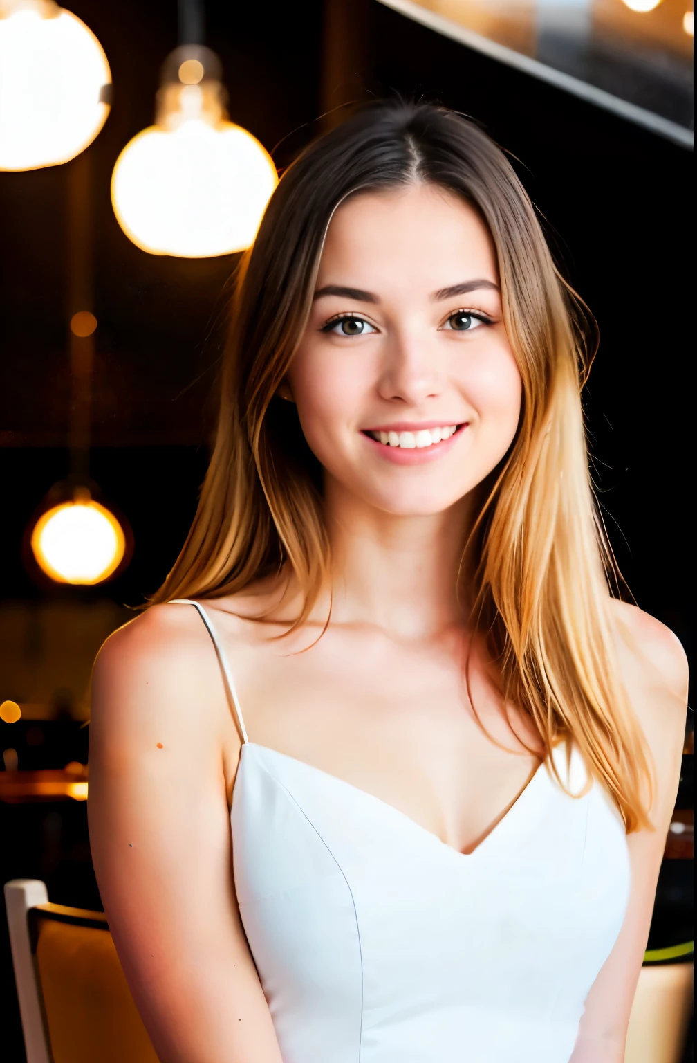 cute beautiful blonde wearing a tight white evening dress (sitting inside a modern restaurant at night), very detailed, 21 years old, innocent face, natural wave hair, blue eyes, high-res, masterpiece, best quality, intricate details, highly detailed, sharp focus, detailed skin, realistic skin texture, texture, detailed eyes, professional, 4k, charmer smile, shot on Canon, 85mm,shallow depth of field, Kodak vision color, perfect fit body, extremely detailed, photo_\(ultra\), photorealistic, realistic, post-processing, max detail, roughness, real life, ultra realistic, photorealism, photography, 8k uhd, photography
(film grain)
medium shot to close up shot
happy smiling
atmospheric dark lighting