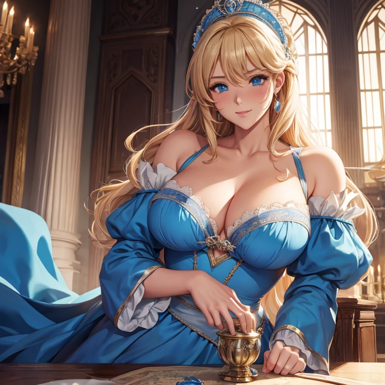 A blushing handsome prince with blond hair looks with a loving gaze at Cinderella, In the palace, Blushing sexy Cinderella with soft tits nearby