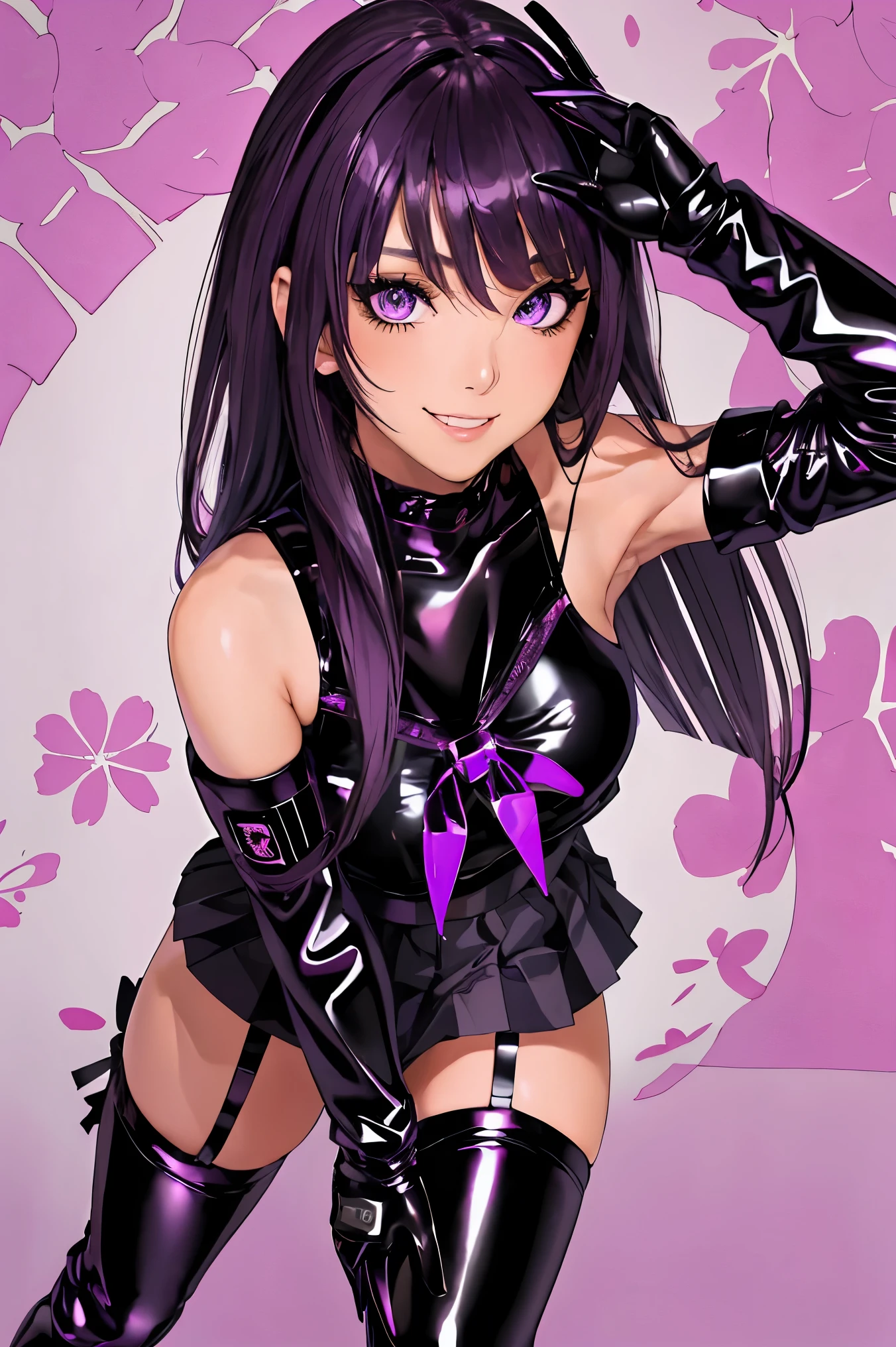 1girl, solo, floral background, purple hair, long hair, purple eyes, large breasts, bare shoulder, black pvc outfit, , (black pvc serafuku:1.4), (black pvc pleated skirt:1.2), black pvc elbow gloves, black pvc thigh boots, (garter straps:1.2), evil smile, shiny hair, shiny skin, smile, face focus, beautiful face, detailed eyes,