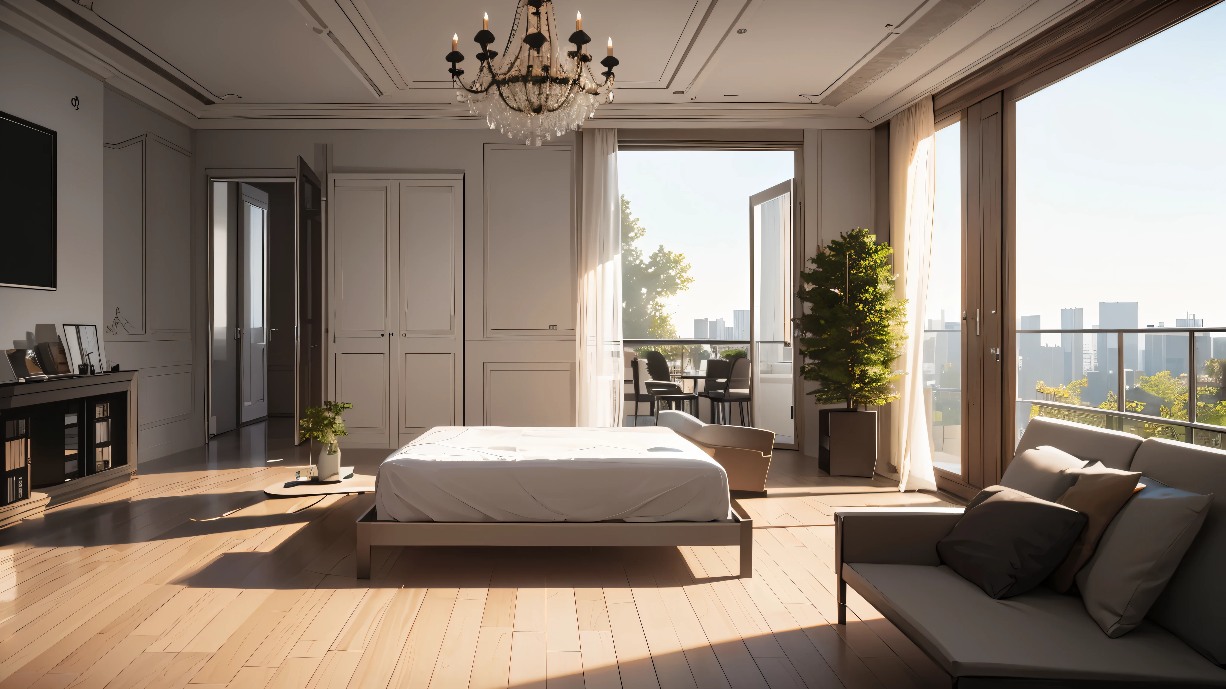 You are a famous interior designer、You have been asked to create a 3D image of a modern large room. Create a harmonious environment with modern and minimalist furniture. Including garden interior.
