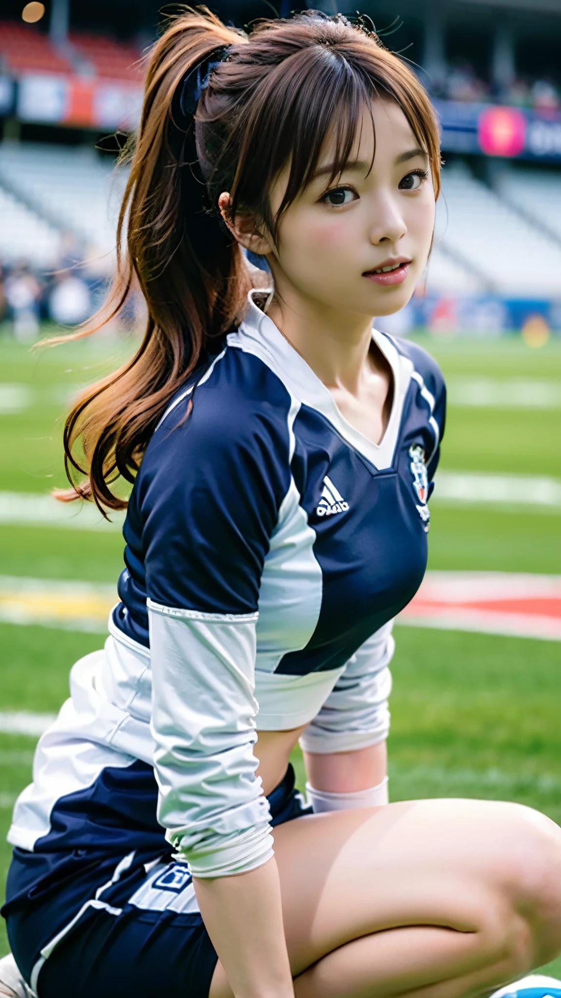 ((Top Quality, 8k, Masterpiece: 1.3)), Beauty, 1 Girl, Small: 1.3, Slender Abs: 1.1, Dark Brown Hair, (Rugby Field: 1.2), Ultra Detailed Face, Highly Detailed Lips, Detailed Eyes, Double Eyelids, Muscles