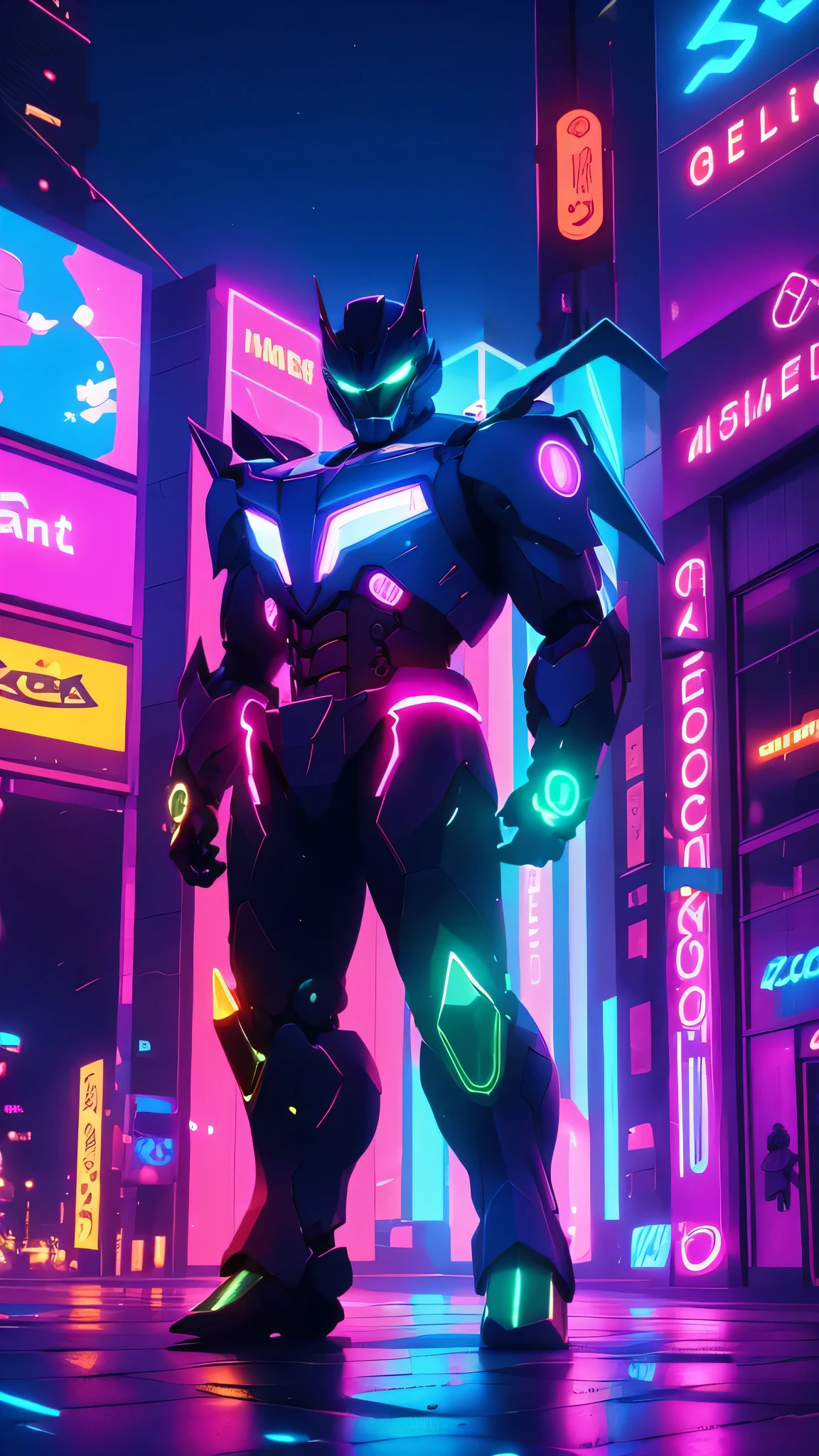 A megazord at night, neon lights, closeup, cyberpunk, hard surface modeling, blue keylight, volumetric pink lighting, high quality