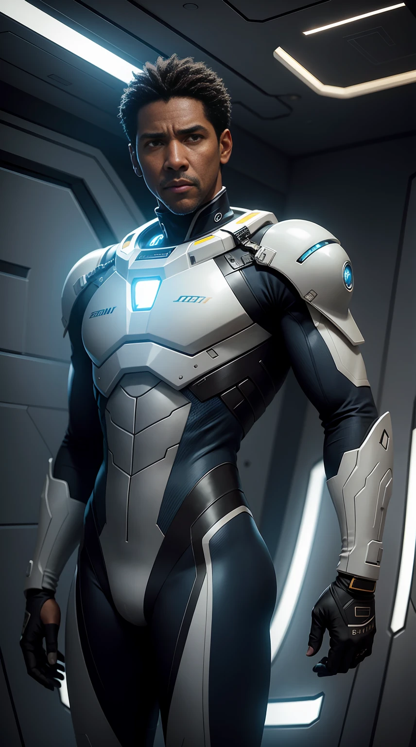 Denzel Washington, futuristic suit with pockets and straps, small LED lights attached on the suit, alien spaceship cockpit, window with view of space and stars, artwork, high resolution, shot on dslr, detailed face, cinematography, maximum details, neutral colors, hdr, muted colors, soft cinematic light, insane details, intricate details, hyperdetailed,handsome, shot with Hasselblad, sharp focus, dof, (rim lighting), half body, skin pores, muscular
