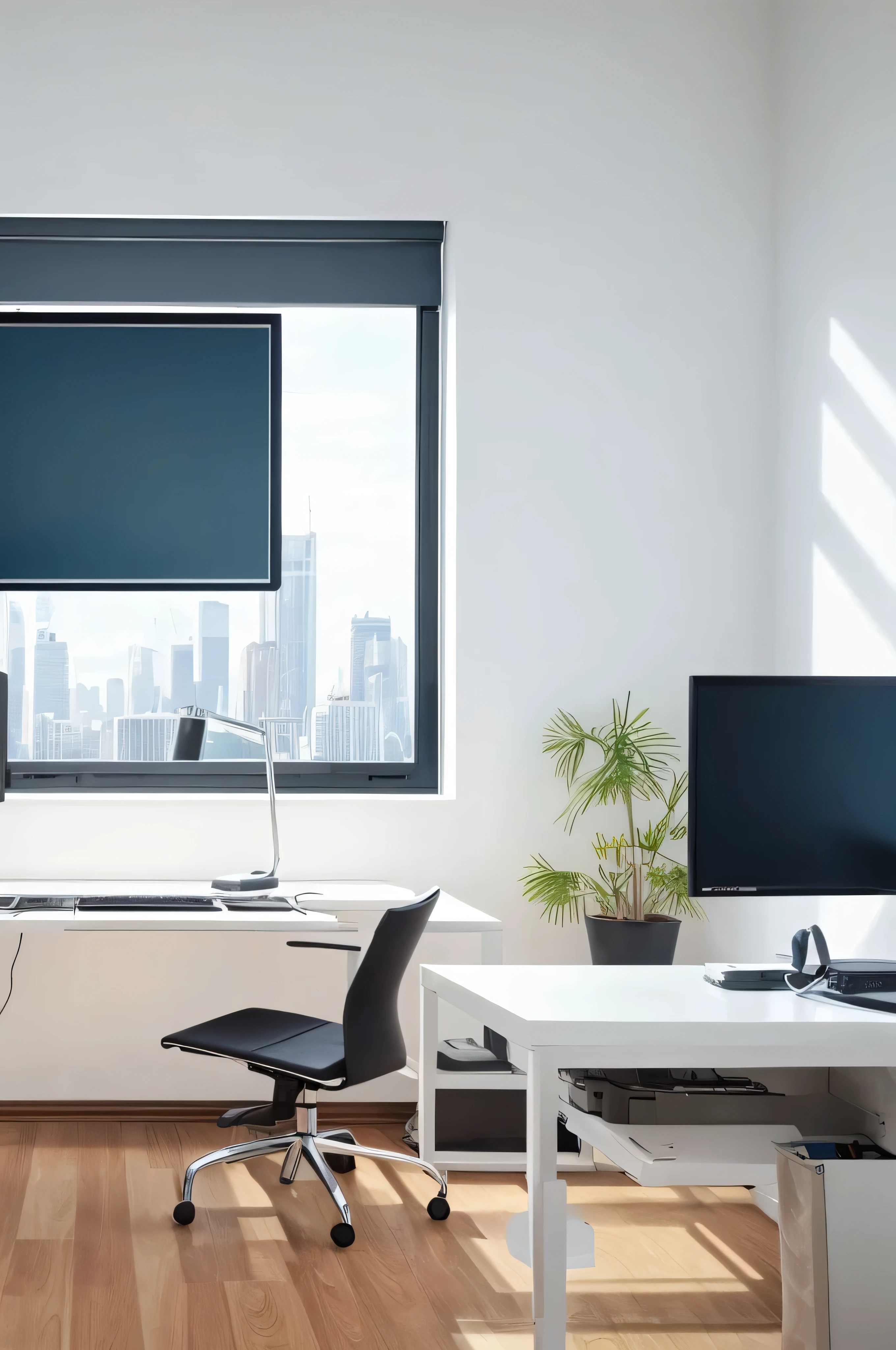 Photo of an office with a white wall in the background, algumas mesas com computadores. Office has windows overlooking a city skyline working on computer,Table setting,moderno technology,typing on keyboard, Stylish office,moderno,Clear image quality,paleta de cores neutras,minimalist desktop