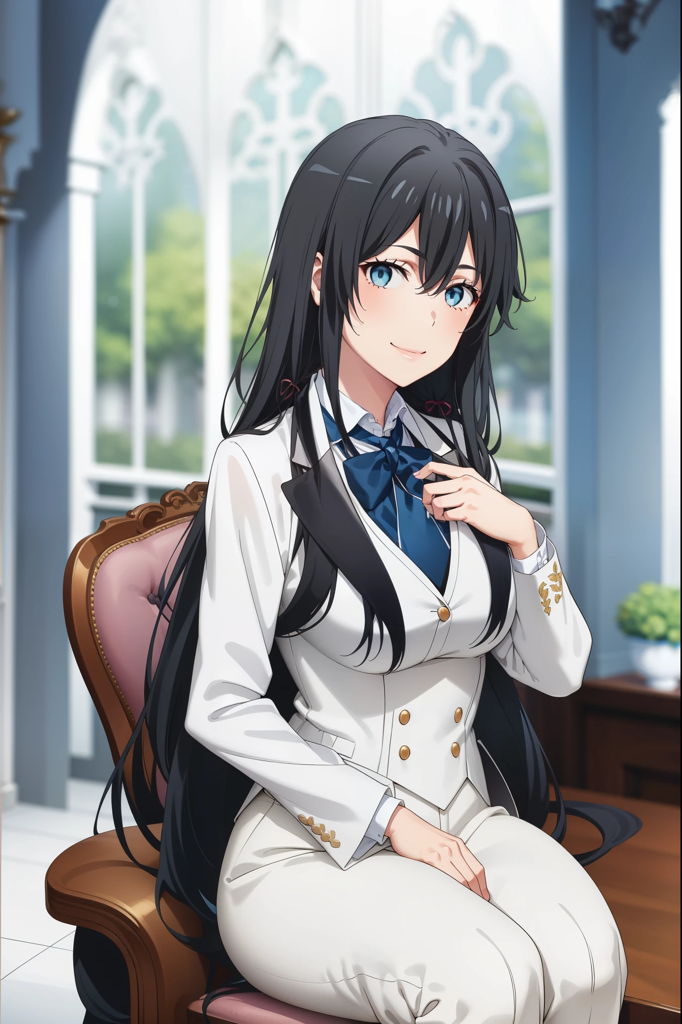 ((best quality)), ((masterpiece)), (detailed) 1girl 1girl, ;\), blurry, blurry_background, breasts, , hair_long looking_at_viewer, ok_sign, open_hand, Yukinoshita Yukino ,Woman wearing formal clothes, An attractive coat sitting on chair in the room , 1girl, 独奏, blue necktie, Black hair, eyes blue, long hair, smile , collared shirt, white pants, white shirt , Elegantly designed coat , Stand in front of a window ,Perfectly tailored tailcoat. It has a stunning Victorian design and is made of lustrous fabric , full body ,tailcoat butler suit, elegant pose, serene expression, flowing long hair, soft lighting, pastel color palette, detailed lace and embroidery, realistic portrait, fine brushwork, delicate facial features, captivating eyes, graceful gestures, refined atmosphere, vintage decor, polished silverware, elaborate floral arrangement, polished marble floors