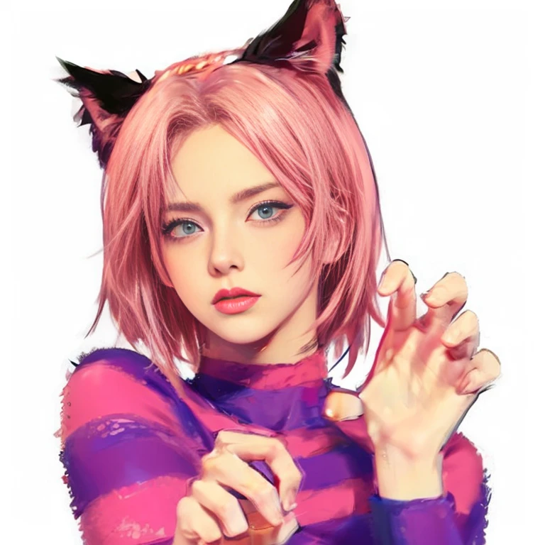 young woman, porcelain skin, long bubblegum pink hair, big pink lips, big emerald green eyes, pink eyebrows, red clothes, Sakura Haruno, 3d, realism, black gloves