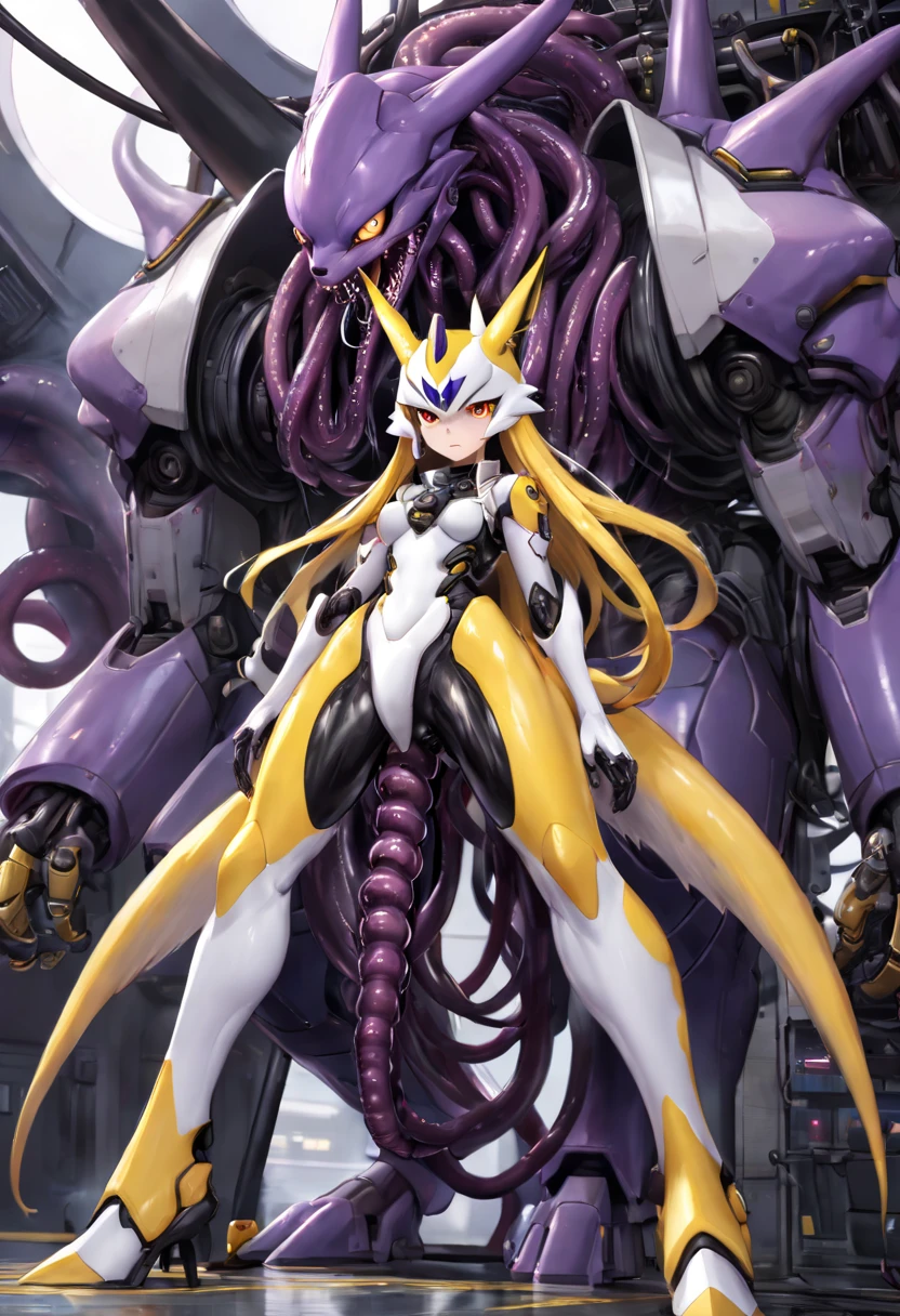 4K，real，realistic，near future，NSFW，transformation，porn，adult，Renamon and the giant battle mecha，livingclothes，The pilot is inside a giant battle mech.，Pilot details(full body concept art，Renamon is the pilot，Height: 160cm，The pilot is in front of a giant battle mech.，The pilot is wearing Renamon-type guard reinforcement equipment.，face:Renamon type full face helmet，tentacle cockpitに跨がる，attached to tentacles，fuck pussy with tentacles，Renamon type guard reinforcement equipment is sticky and glossy with mucus.，A fluffy fox tail is growing，evil depravity，carnage)，Details of the giant battle mecha(full body concept art，Humanoid，Looks like a fusion of Renamon and a dragon，symbiote，evil depravity，Height 40 meters，It has a fluffy tail.，fox ears，standing behind the pilot)，tentacle cockpit，Inside the cockpit(The cockpit is covered in tentacles，there is a pilot，sitting in a tentacle-shaped cockpit