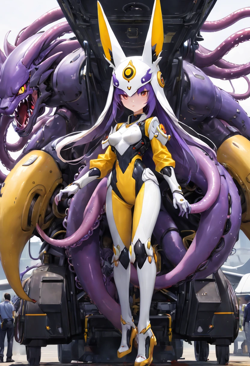 4K，real，realistic，near future，NSFW，transformation，porn，adult，Renamon and the giant battle mecha，livingclothes，The pilot is inside a giant battle mech.，Pilot details(full body concept art，Renamon is the pilot，Height: 160cm，The pilot is in front of a giant battle mech.，The pilot is wearing Renamon-type guard reinforcement equipment.，face:Renamon type full face helmet，tentacle cockpitに跨がる，attached to tentacles，fuck pussy with tentacles，Renamon type guard reinforcement equipment is sticky and glossy with mucus.，A fluffy fox tail is growing，evil depravity，carnage)，Details of the giant battle mecha(full body concept art，Humanoid，Looks like a fusion of Renamon and a dragon，symbiote，evil depravity，Height 40 meters，It has a fluffy tail.，fox ears，standing behind the pilot)，tentacle cockpit，Inside the cockpit(The cockpit is covered in tentacles，there is a pilot，sitting in a tentacle-shaped cockpit