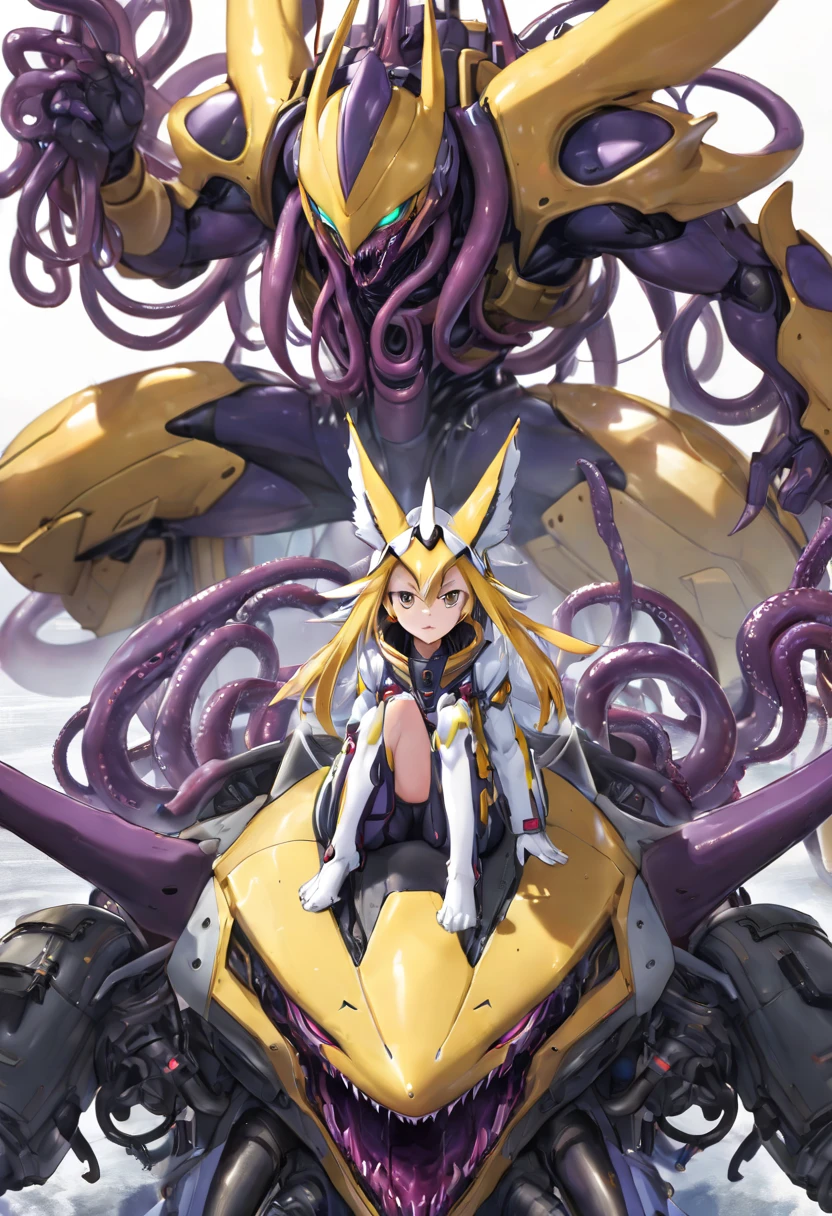 4K，real，realistic，near future，NSFW，transformation，porn，adult，Renamon and the giant battle mecha，livingclothes，The pilot is inside a giant battle mech.，Pilot details(full body concept art，Renamon is the pilot，Height: 160cm，The pilot is in front of a giant battle mech.，The pilot is wearing Renamon-type guard reinforcement equipment.，face:Renamon type full face helmet，tentacle cockpitに跨がる，attached to tentacles，fuck pussy with tentacles，Renamon type guard reinforcement equipment is sticky and glossy with mucus.，A fluffy fox tail is growing，evil depravity，carnage)，Details of the giant battle mecha(full body concept art，Humanoid，Looks like a fusion of Renamon and a dragon，symbiote，evil depravity，Height 40 meters，It has a fluffy tail.，fox ears，standing behind the pilot)，tentacle cockpit，Inside the cockpit(The cockpit is covered in tentacles，there is a pilot，sitting in a tentacle-shaped cockpit