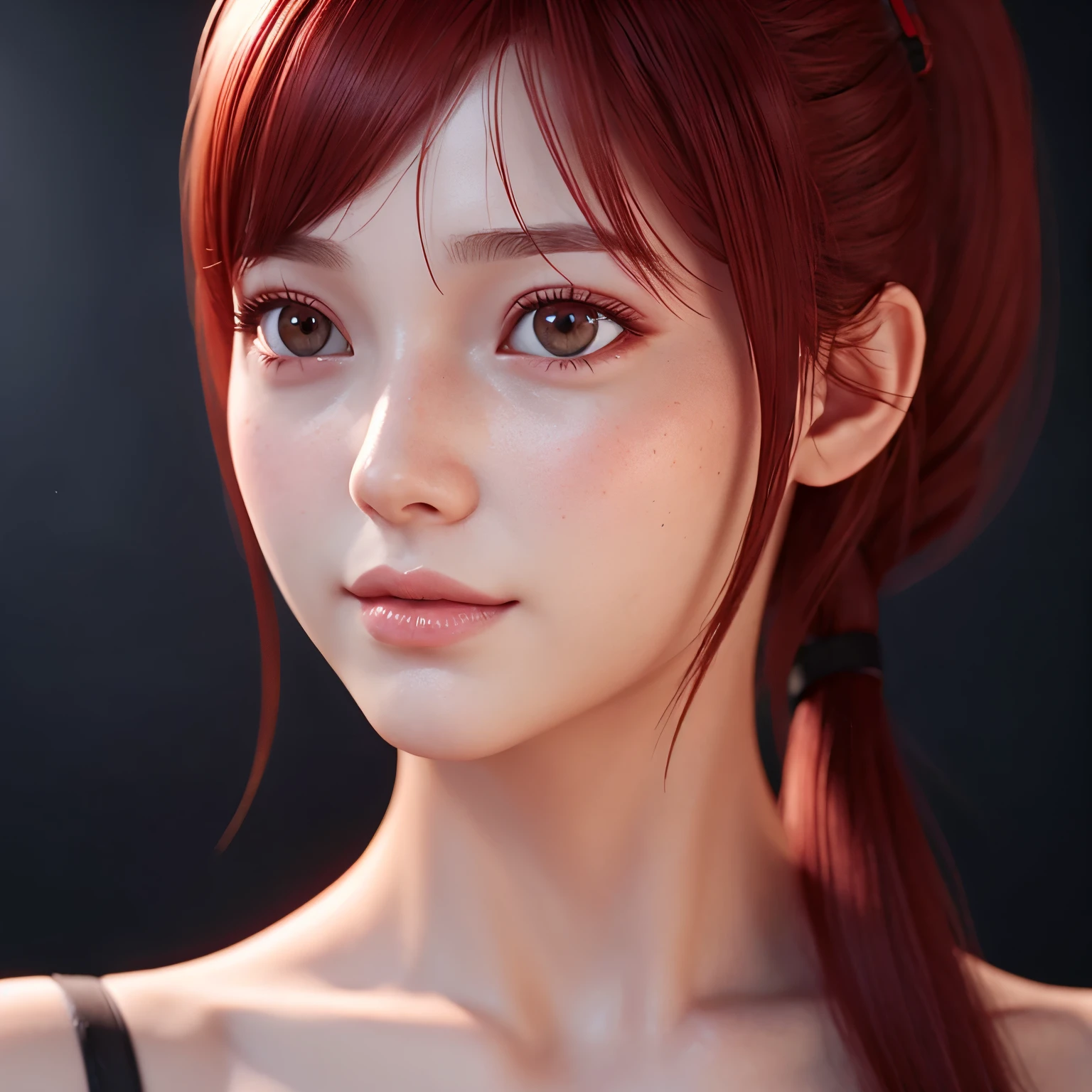 1girl, star eye, blush, perfect illumination, red hair, red eyes, ponytail, unreal engine, sidelighting, detailed face, bangs, bright skin, simple background, dark background,