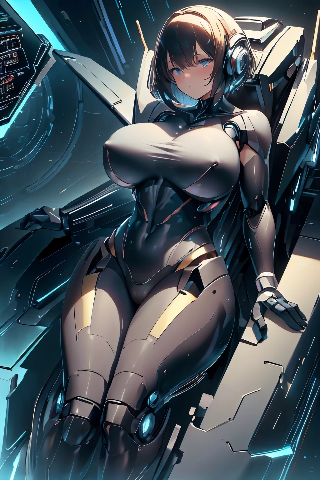 masterpiece , best quality , 1 sexy girl , solo , latex full body tight suit , (covered nipples:0.9) , (gigantic tits:1.2) , (thick arm:1.1) , thick thigh , gigantic hip , (gold hair:1.1) , short hair , (plump:1.1) , robot joint , robot shoulder , embedded in machinery , lying on small sci-fi cockpit , surrounded by sci-fi machinery and monitor , folded , cable attached to the whole body ,spread legs , ahegao ,muscular ,