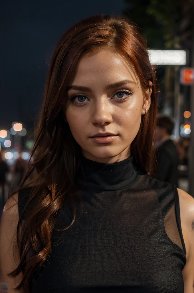 a 25 year old redhead European woman, con ojos azules, mirada sexy, poros detallados de la piel, piel clara, piel grasa, detalles intrincados de los ojos, todo el cuerpo, pechos grandes, color brillante, sombra de ojos, vestido ????? de fiesta (uso de estilo callejero: 1.2), (fondo de la ciudad: 1.2), cinematic light, high resolution, paseando por la noche de Barcelona