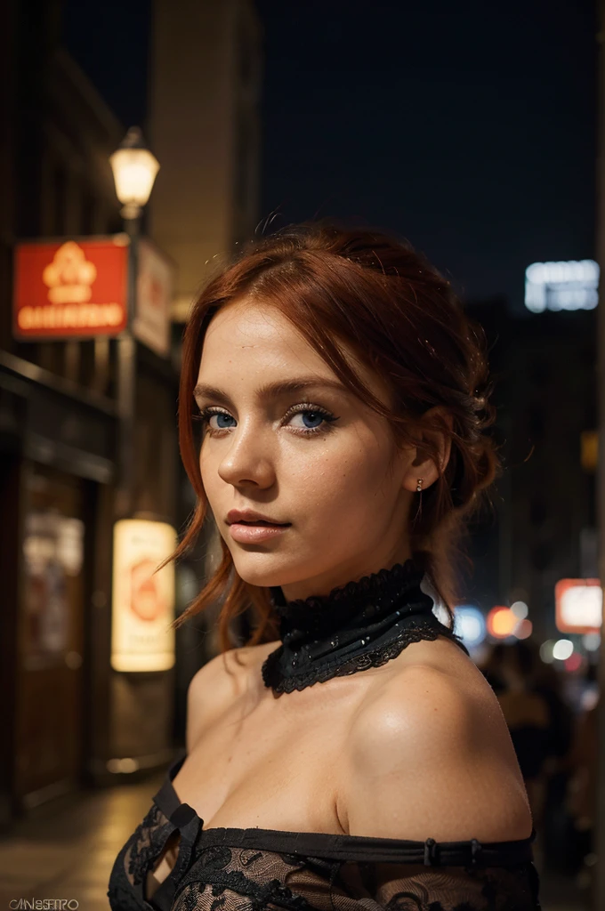 raw-photo, professional photo in UHD RAW format, (taking selfies, aerial view: 1,4), (straight half of the torso: 1,0). A 20 year old girl with a bun, natural red hair and blue eyes, parted lips. [ black gown ] [ hyper-realistic texture ], [ hyper-realistic skin texture ], [ Dark Street, natta, good lighting ]. fine-details, olhos e rosto extremamente symmetrical, extremely detailed, symmetrical, sharp piercing eyes. (city center), Fujifilm XT3, crystal-clear, center of frame, beautiful  face, sharp focus, street lamp, Neon Lighting, bokeh (dimly-lit), natta, (night sky).
