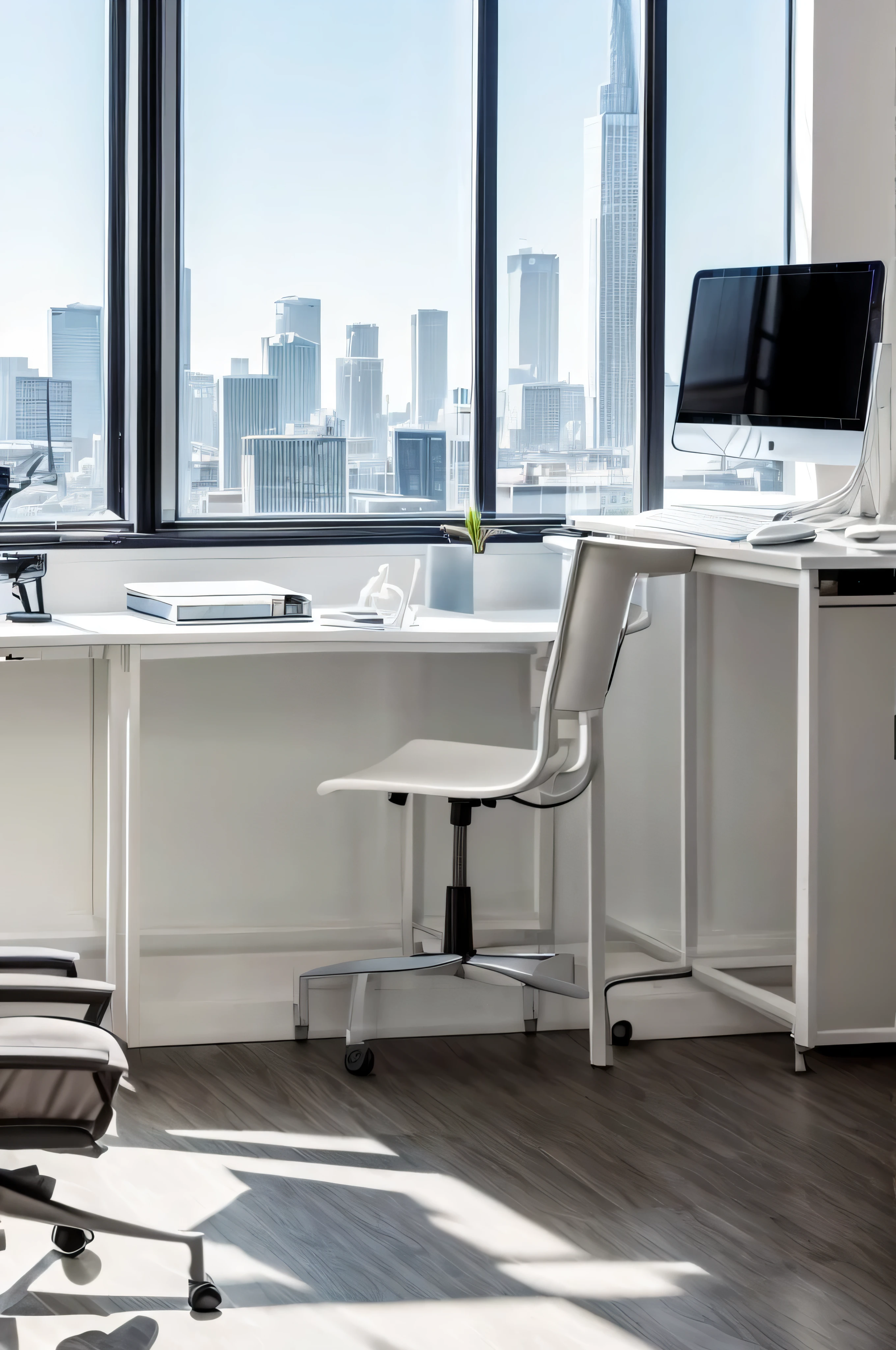 Photo of an office with a white wall in the background, algumas mesas com computadores. Office has windows overlooking a city skyline working on computer,Table setting,moderno technology,typing on keyboard, Stylish office,moderno,Clear image quality,paleta de cores neutras,minimalist desktop
