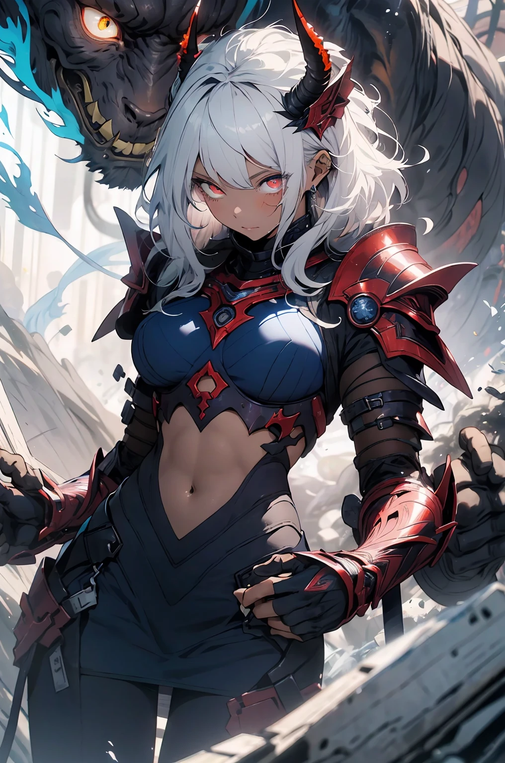 make it realistic,(masterpiece,highest quality,highest quality,very detailed,fractal art,most detailed,(background is abstract:1.5)(1 girl),Kamimei,(hair length),(Shining red eyes and beautiful white hair、big breasts,trained abdominal muscles),crystallization,high leotard,sexy,machine armor、Devil's horn、Blake、berserk , (bursting blue flame:1.4),(black pencil skirt)